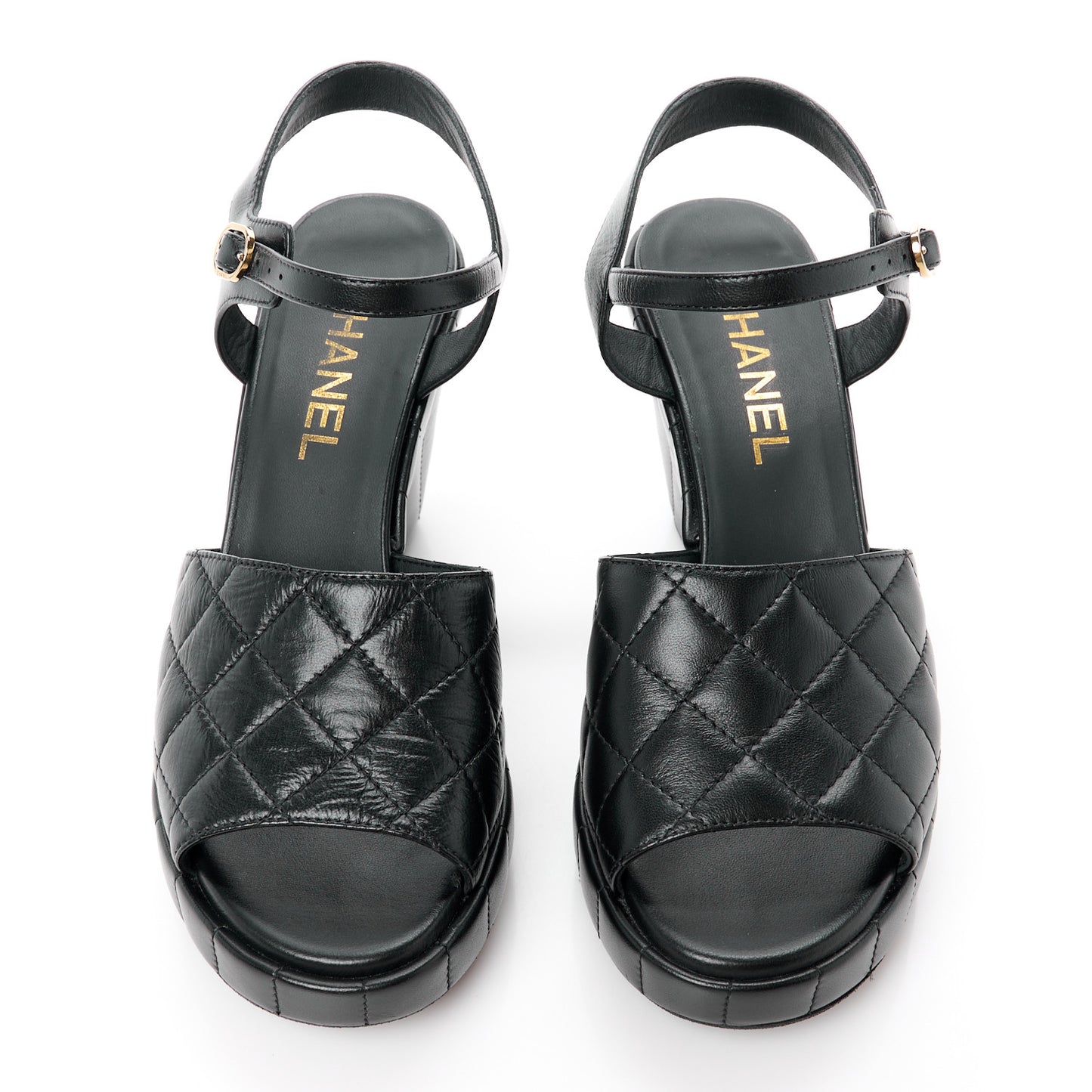 Lambskin Quilted Peep Toe Wedge Sandals 38.5 Black