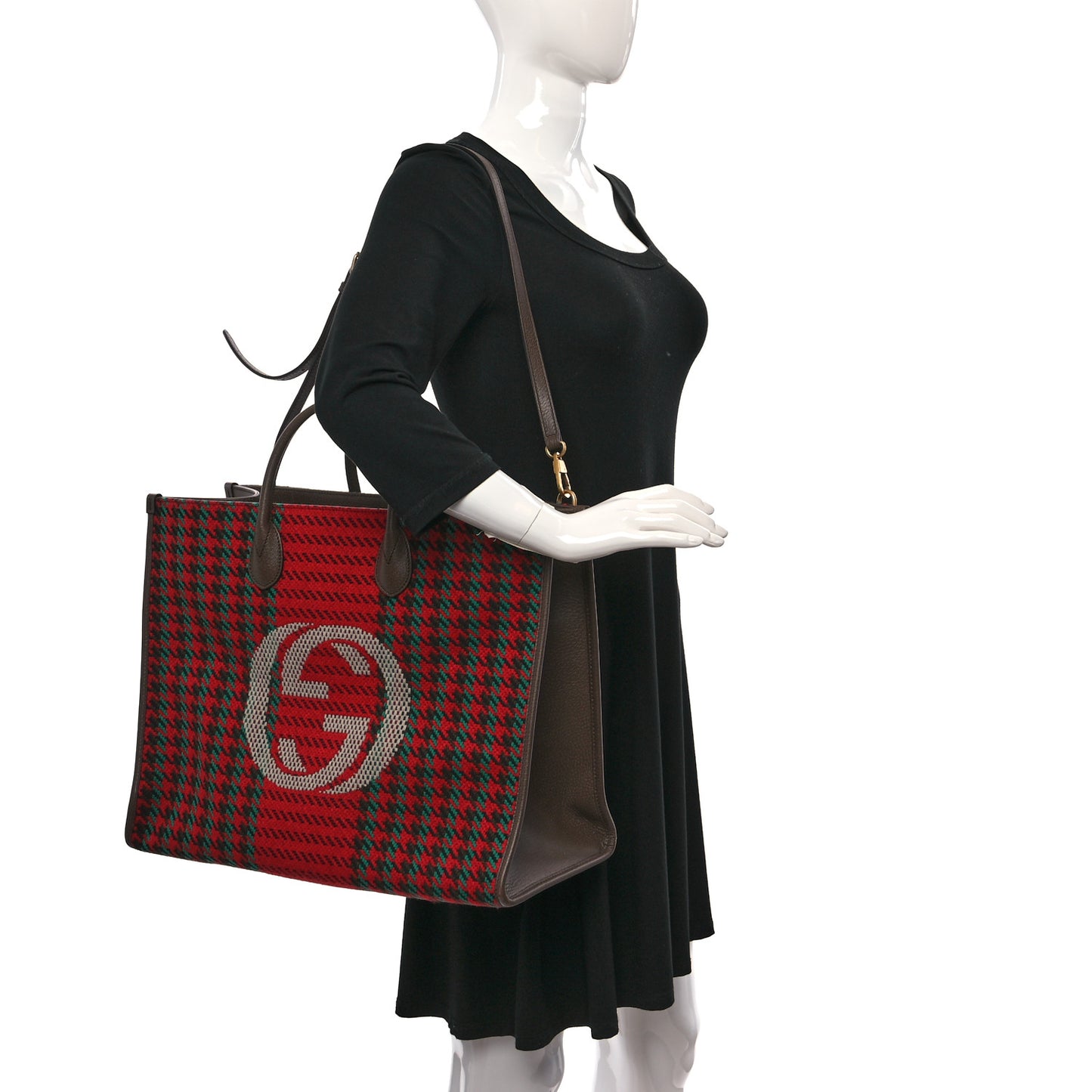 Cotton Wool Textured Calfskin Houndstooth Woven Large Interlocking G Tote Red Green Ivory Multicolor New Acero