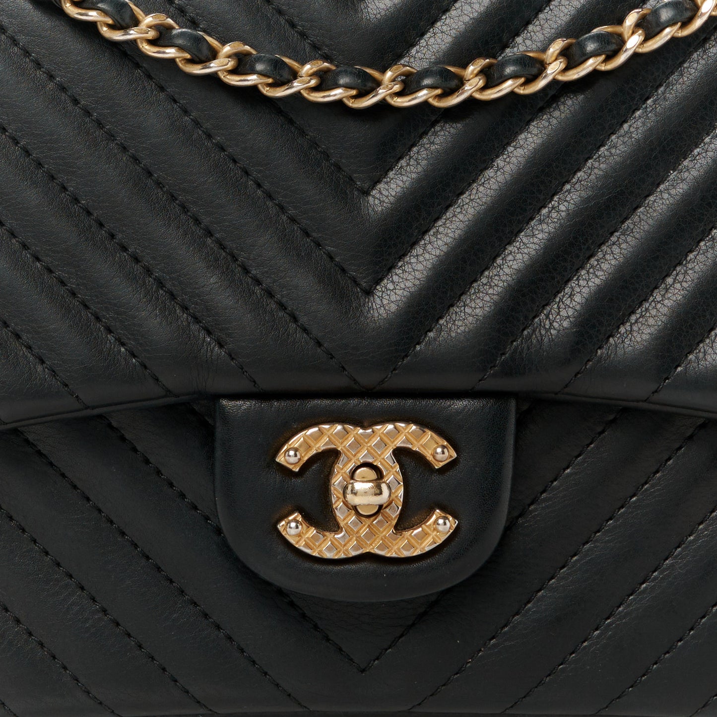 Calfskin Chevron Quilted Rock The Corner Flap Black