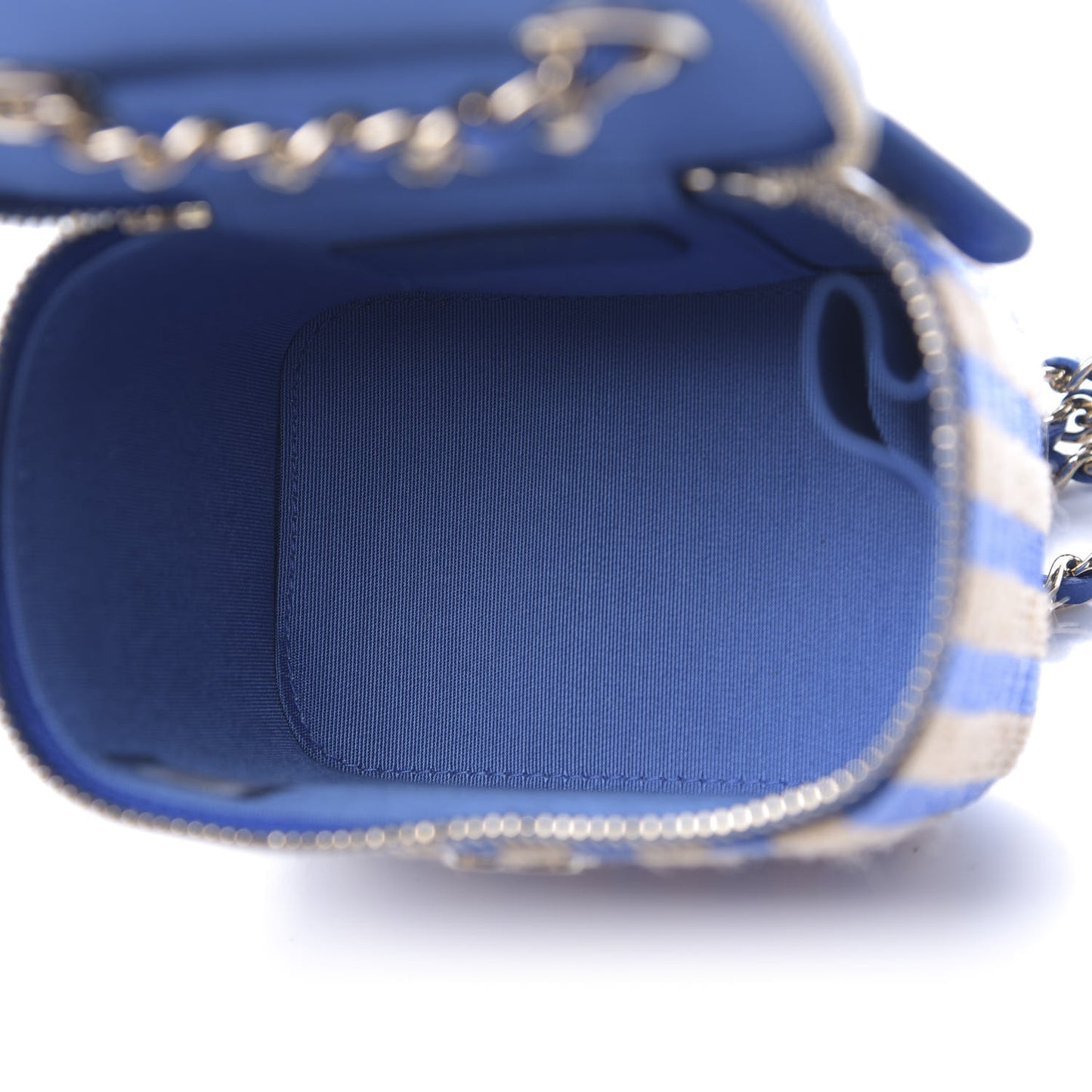 Raffia Jute Striped Mini Vanity Case With Chain Blue Beige