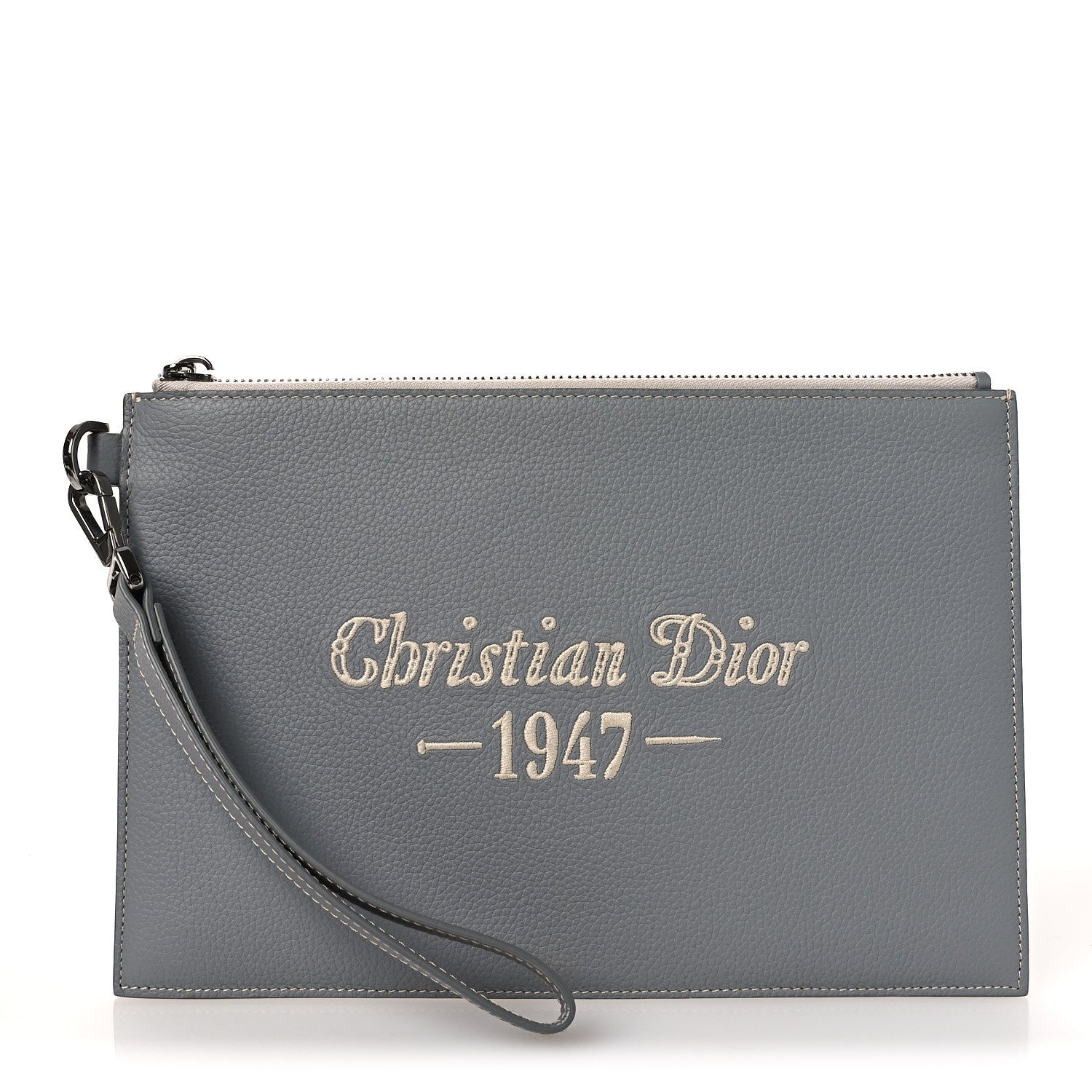Christian Dior Grained Calfskin 1947 Signature A5 Pouch Grey White