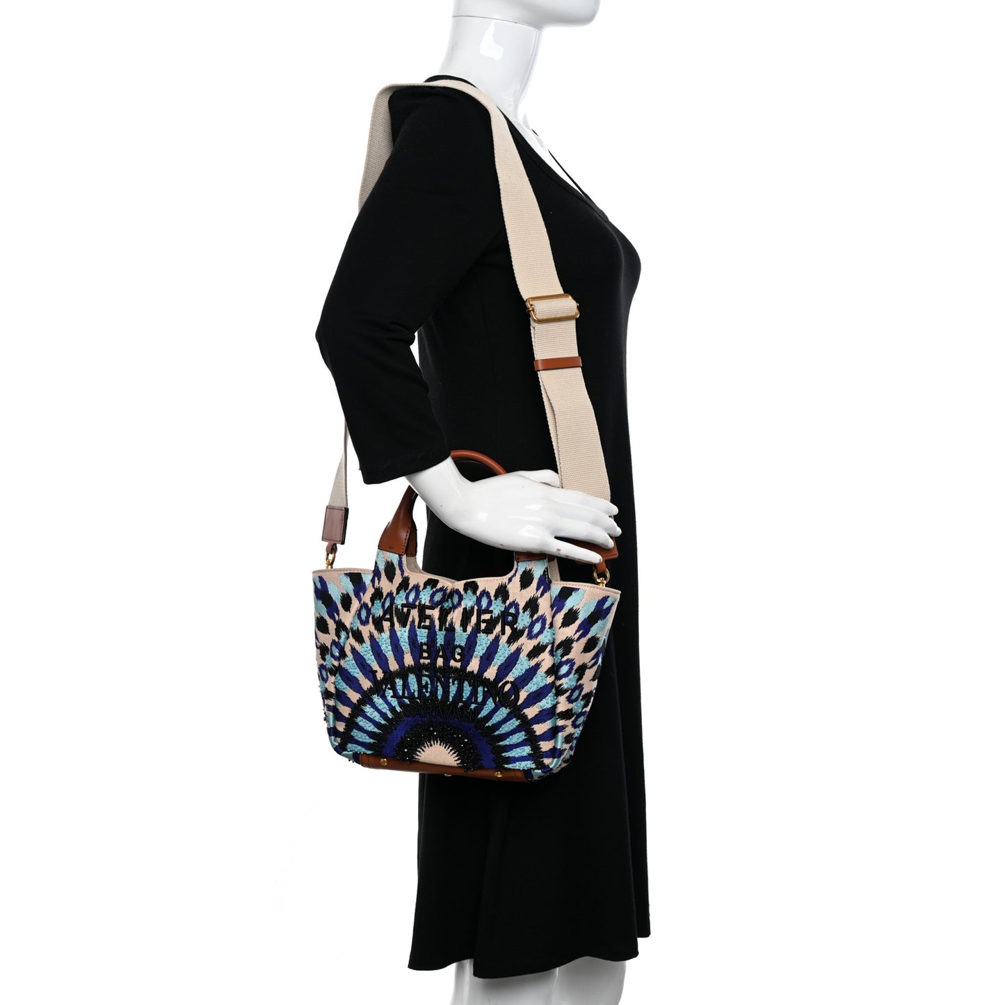 Canvas Beaded Embroidered Small Atelier Tote Bag Blue