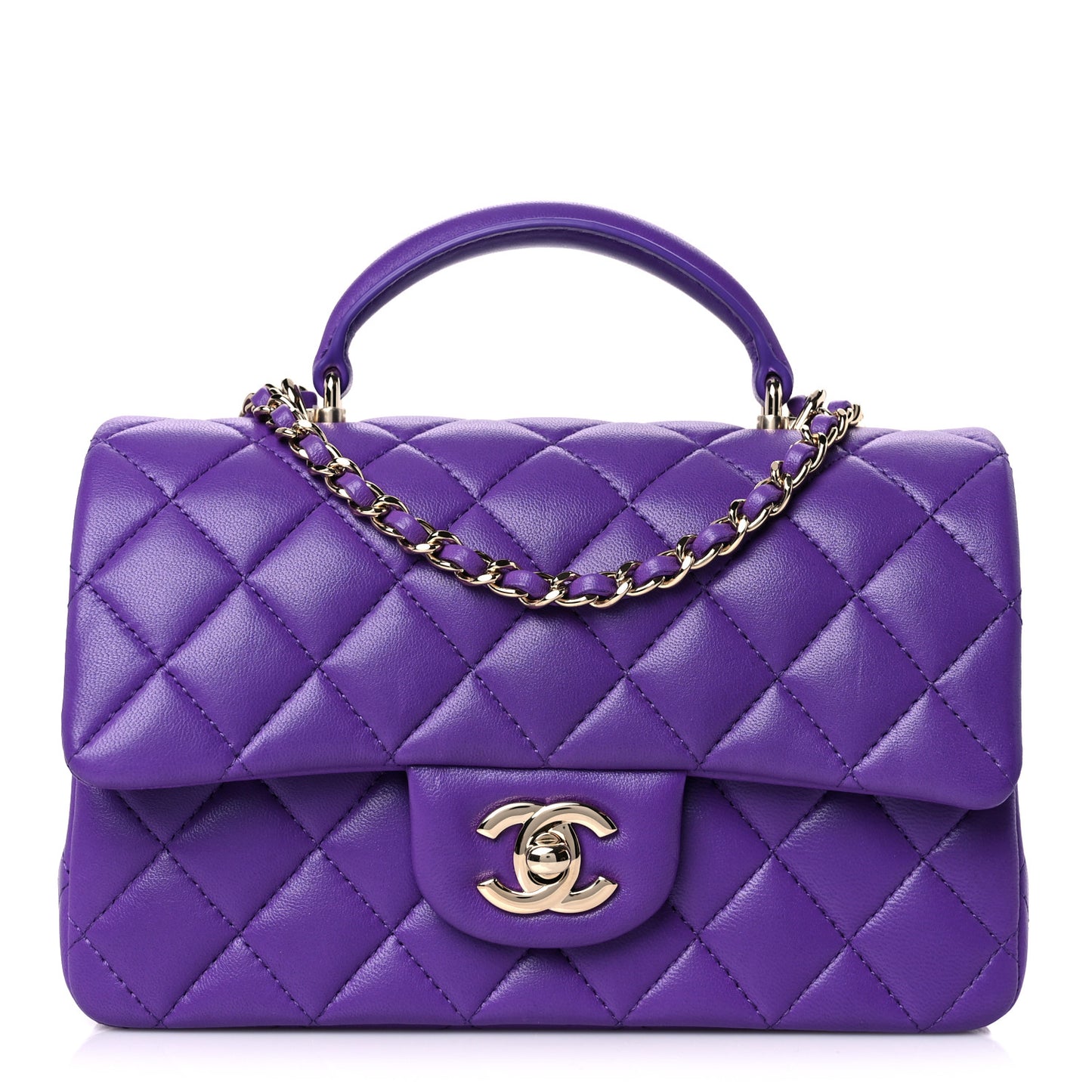 Lambskin Quilted Mini Top Handle Rectangular Flap Dark Purple