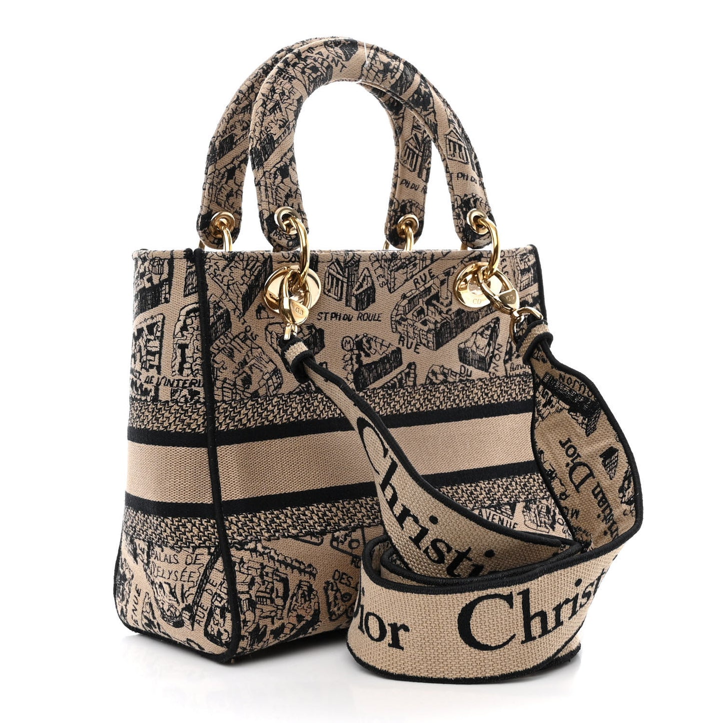 Canvas Embroidered Medium Plan de Paris Lady D-Lite Beige Black