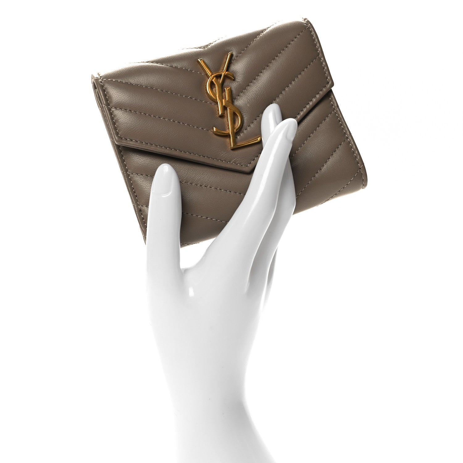 Saint Laurent Lambskin Matelasse Chevron Monogram Compact Tri Fold Wallet Dust Grey 2 of 6