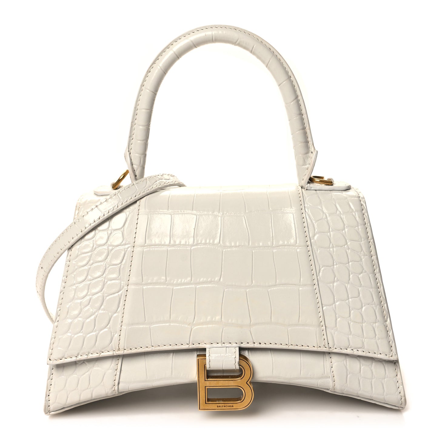 Shiny Calfskin Crocodile Embossed Small Hourglass Top Handle Bag White