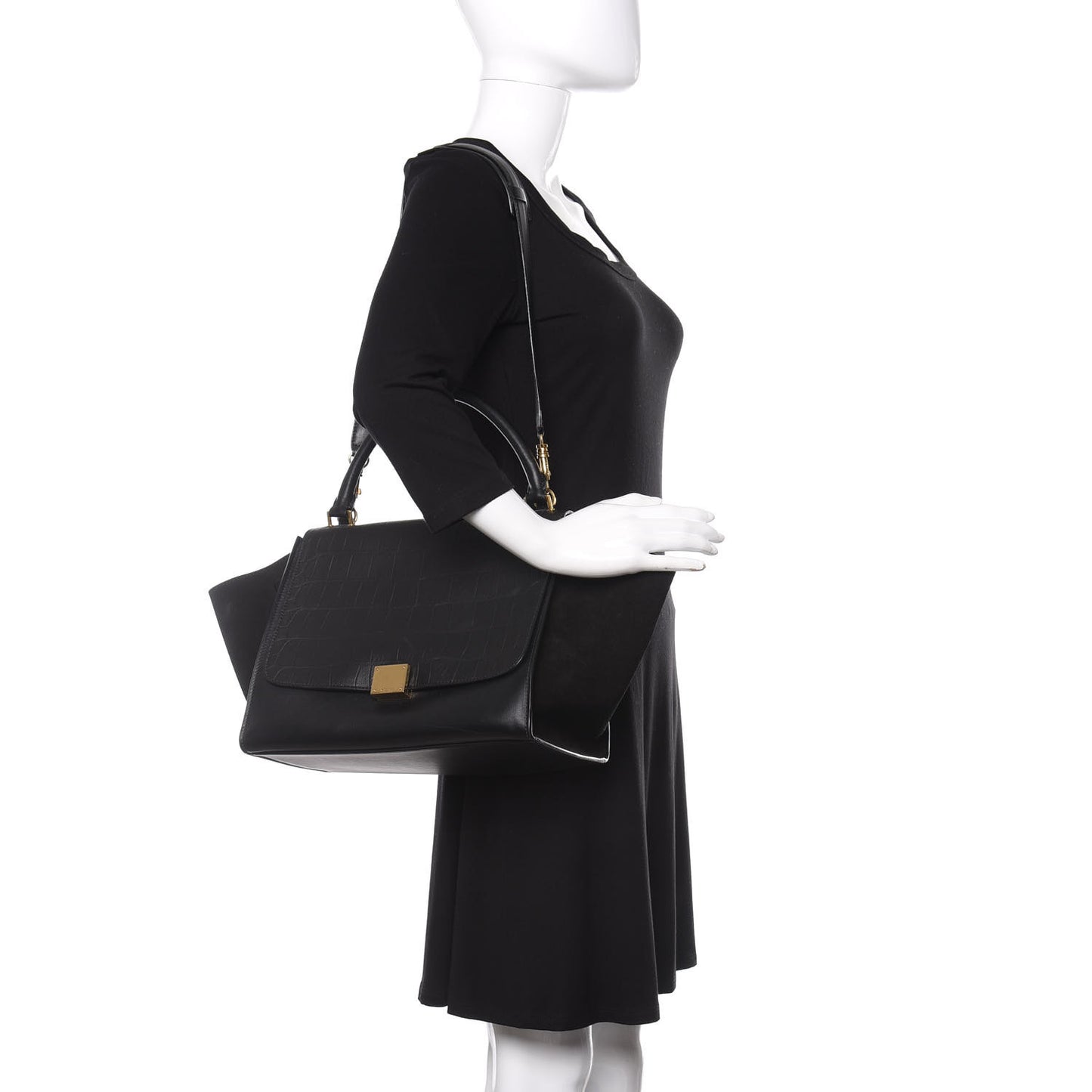 Crocodile Embossed Calfskin Suede Medium Trapeze Black
