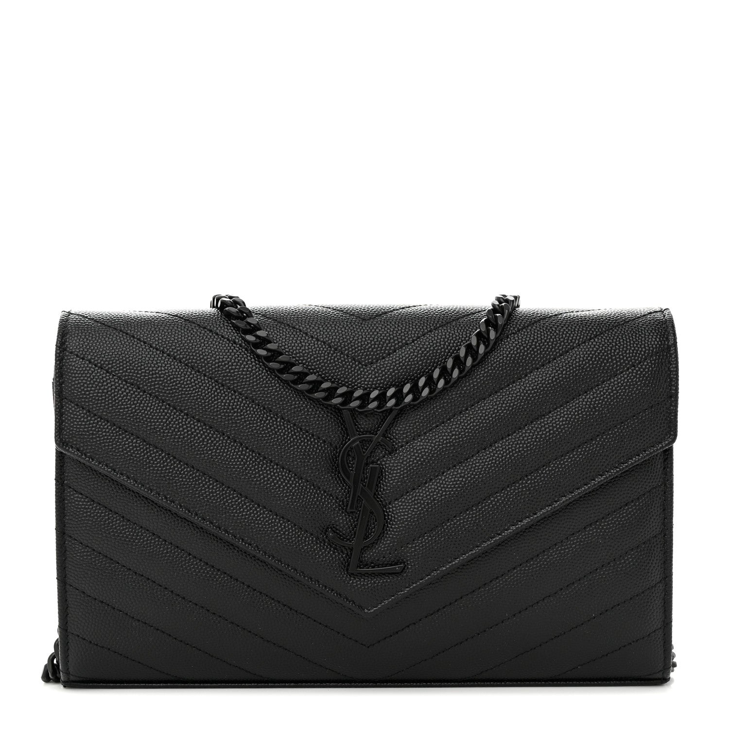 Saint Laurent Grain De Poudre Matelasse Chevron Monogram Monochrome Chain Wallet Black 1 of 12