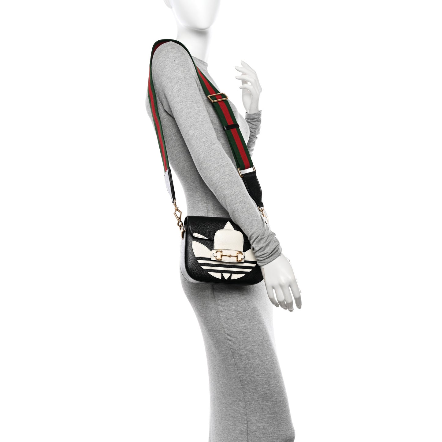 X ADIDAS Textured Dollar Calfskin Web Trefoil Mini Horsebit 1955 Shoulder Bag Black Off White