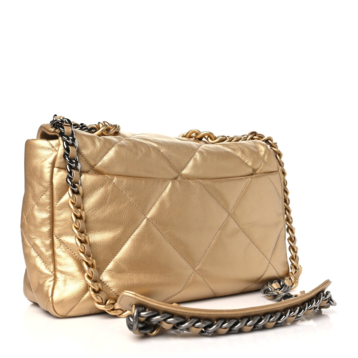 Metallic Goatskin Quilted Large Chanel 19 Flap Gold