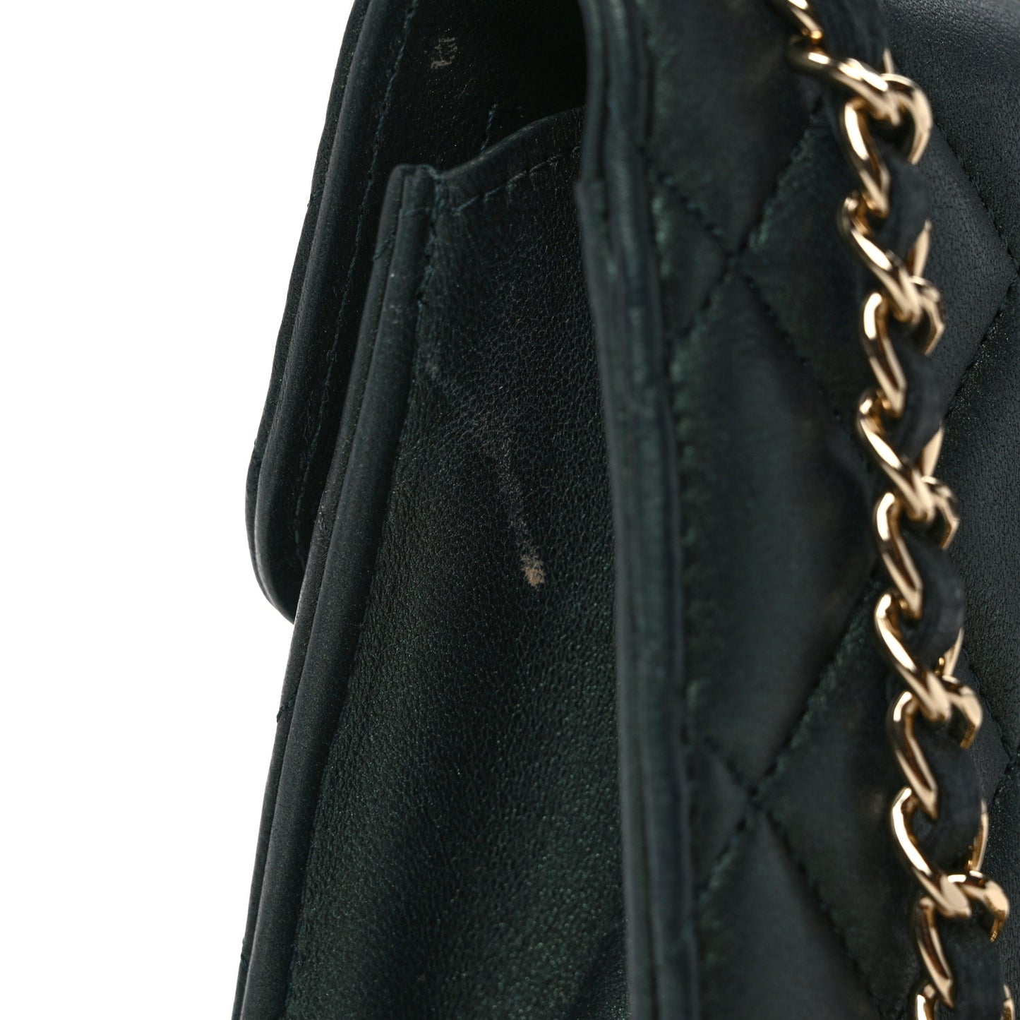 Iridescent Lambskin Quilted Top Handle Flap Clutch With Chain Dark Green