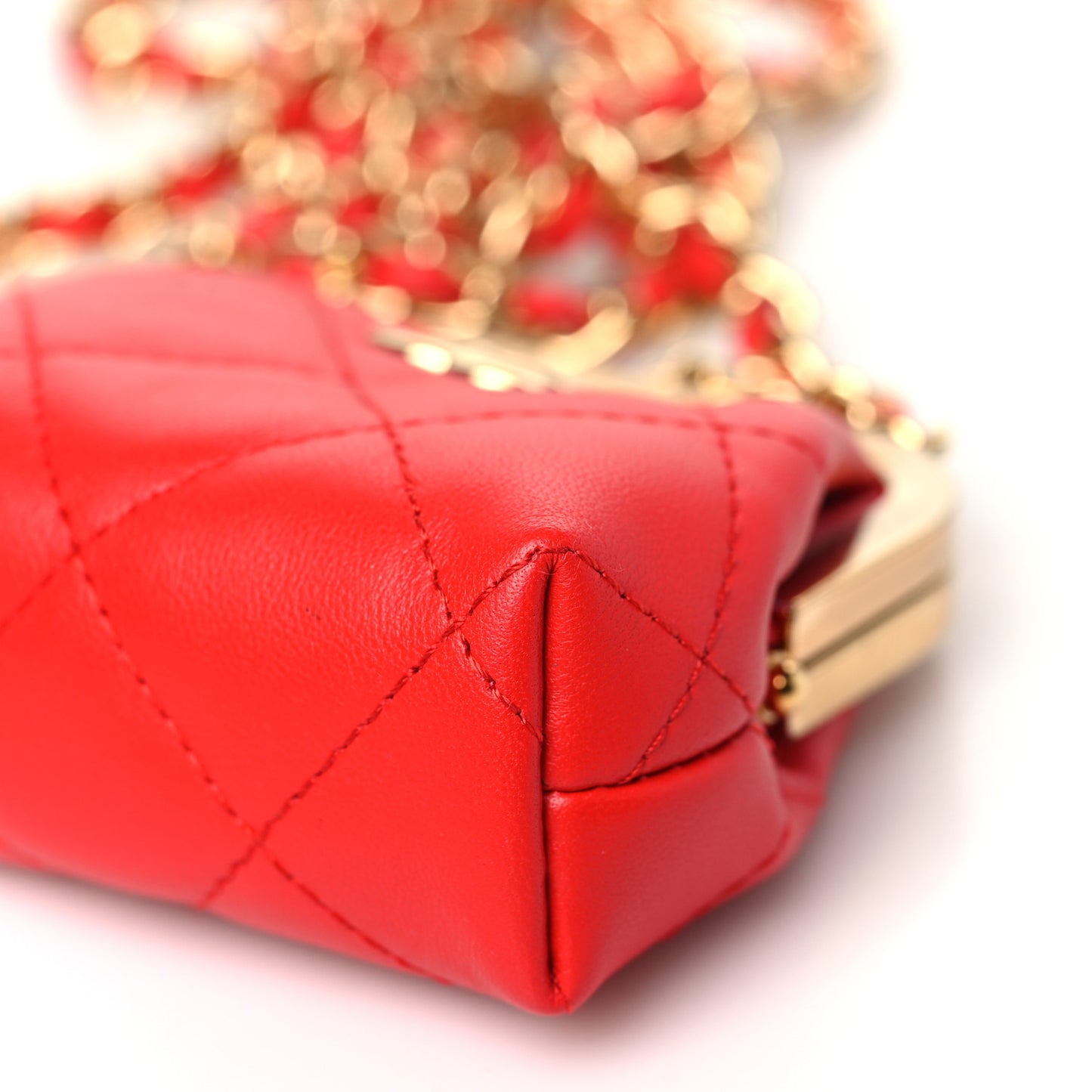 Lambskin Quilted Mini Kiss Lock Clutch With Chain Red
