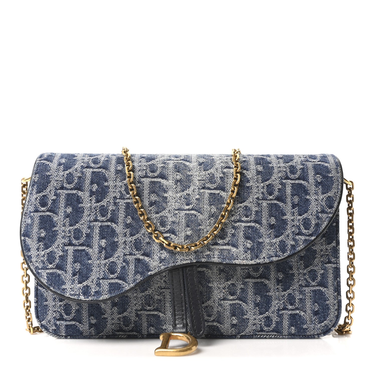 Christian Dior Oblique Denim Saddle Chain Long Wallet Blue 1829525