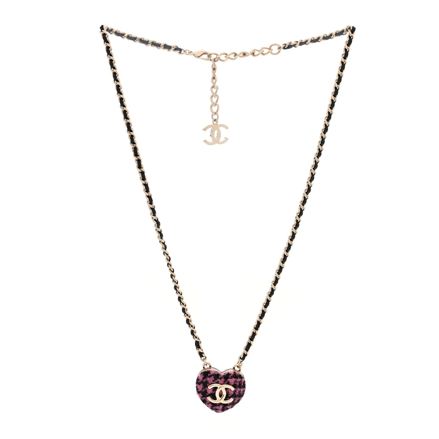 Tweed Lambskin CC Heart Locket Necklace Gold Black Pink