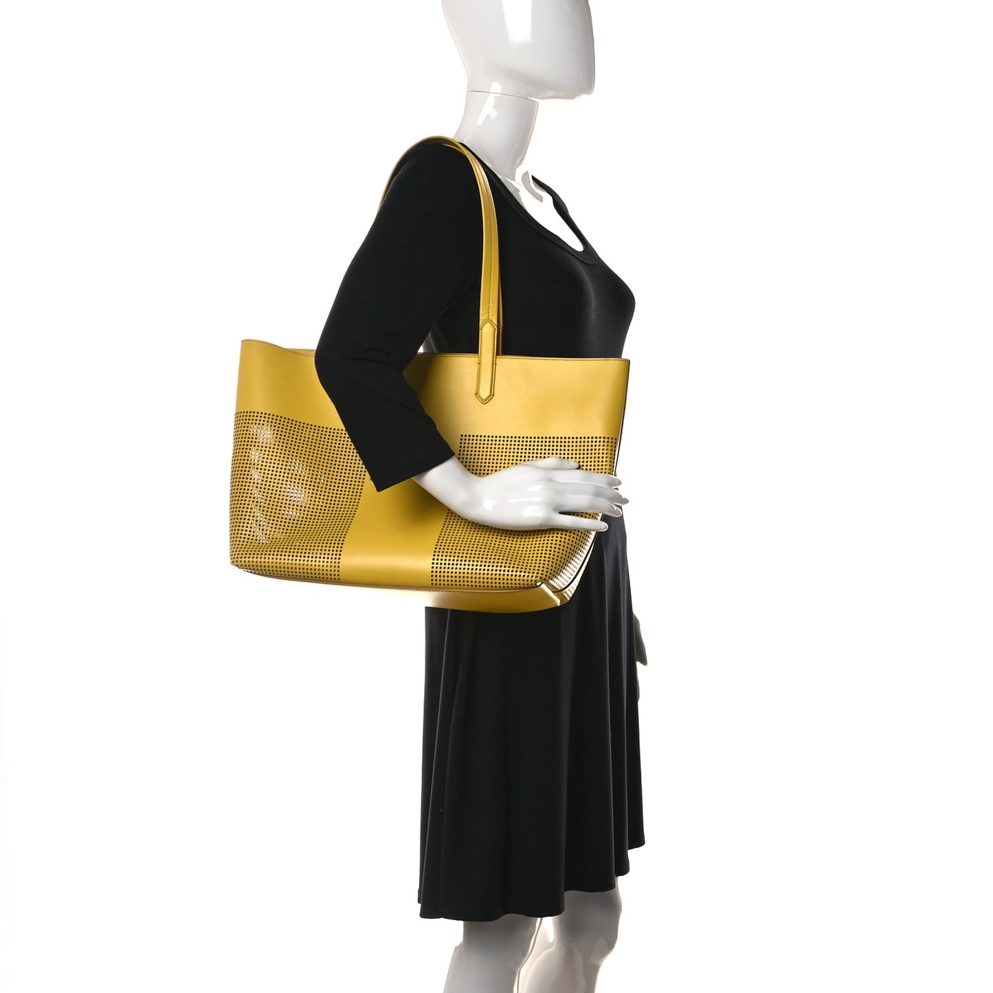 Calfskin Perforated Small East West Graphic T Tote Citron