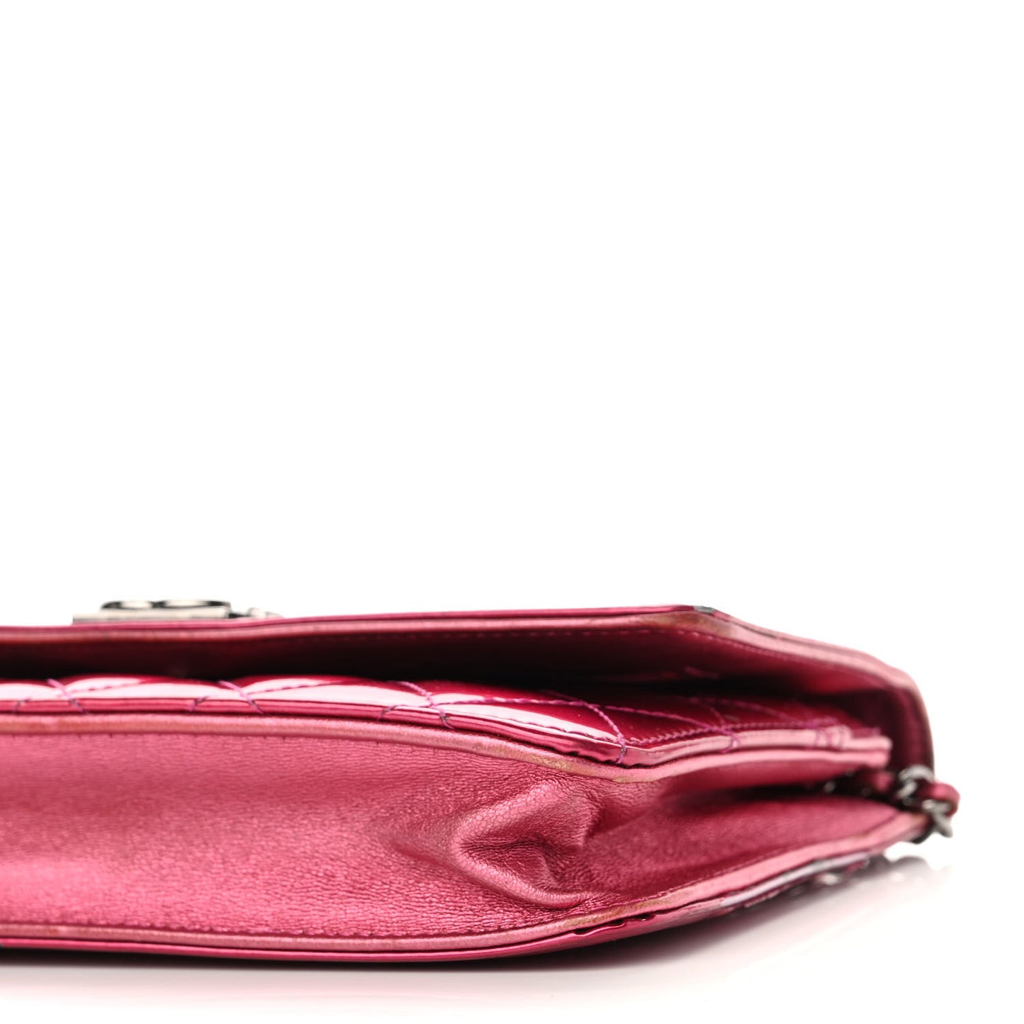 Metallic Patent Calfskin Quilted Boy Wallet On Chain WOC Fuchsia