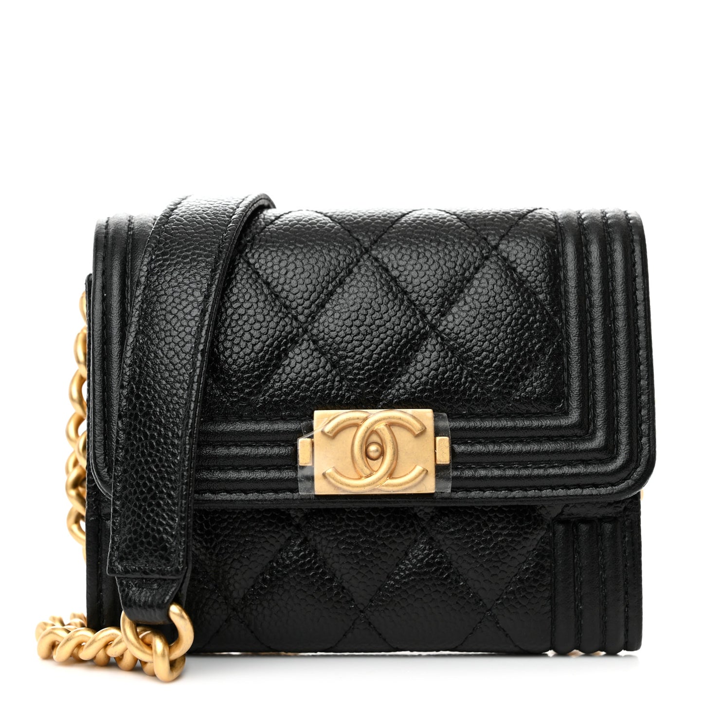 Caviar Quilted Boy Card Holder On Chain Black