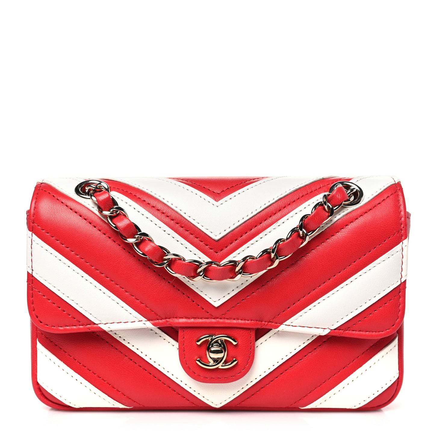 Lambskin Chevron Stitched Flap White Red