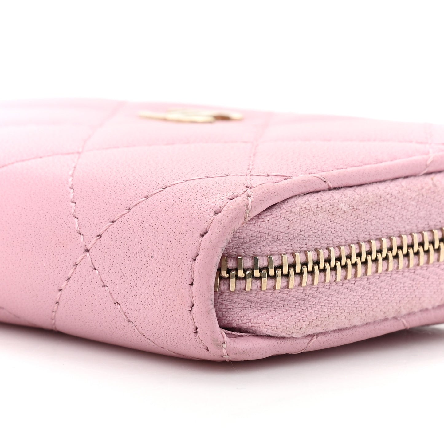 Iridescent Calfskin Quilted Zip Coin Purse Wallet Light Pink