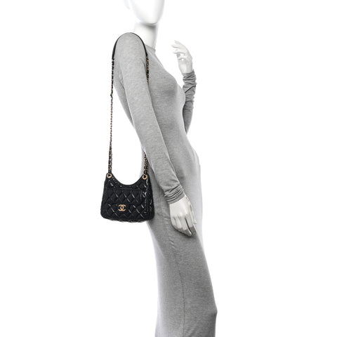 Shiny Crumpled Calfskin Quilted Small Wavy CC Hobo Black