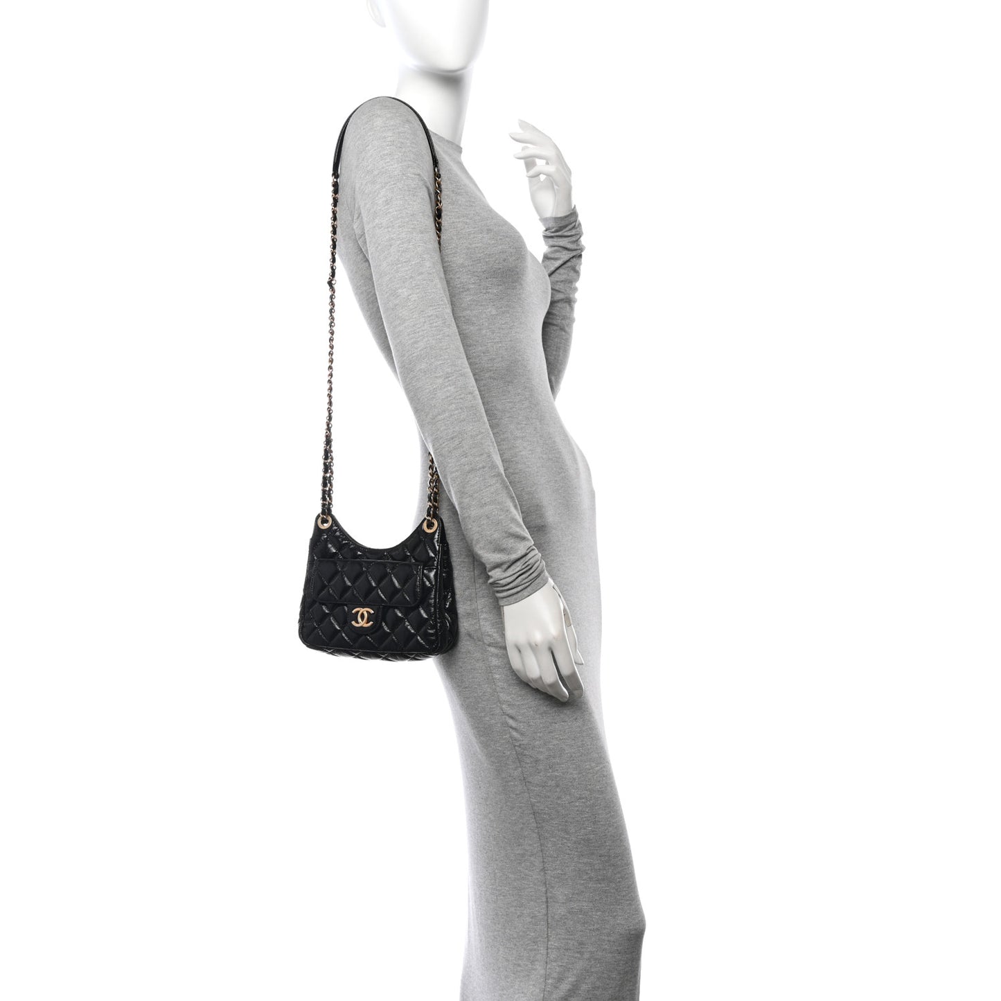 Shiny Crumpled Calfskin Quilted Small Wavy CC Hobo Black