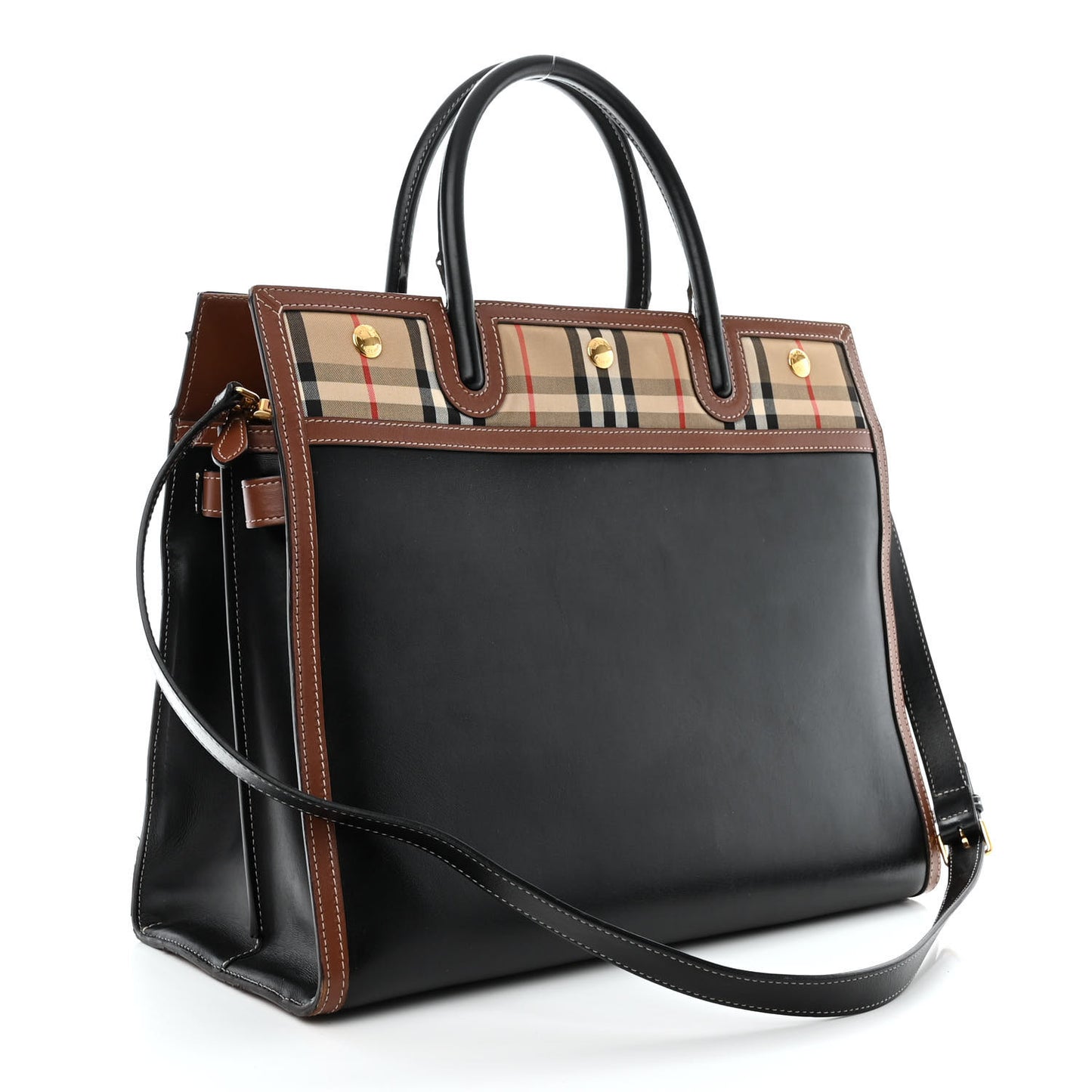 Calfskin Vintage Check Medium Two Handle Title Bag Black