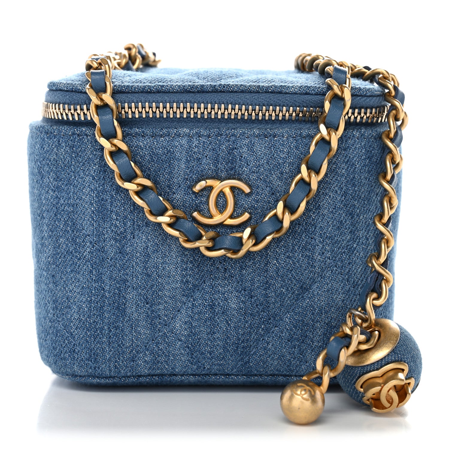 Chanel Denim Quilted Mini Pearl Crush Vanity Case With Chain