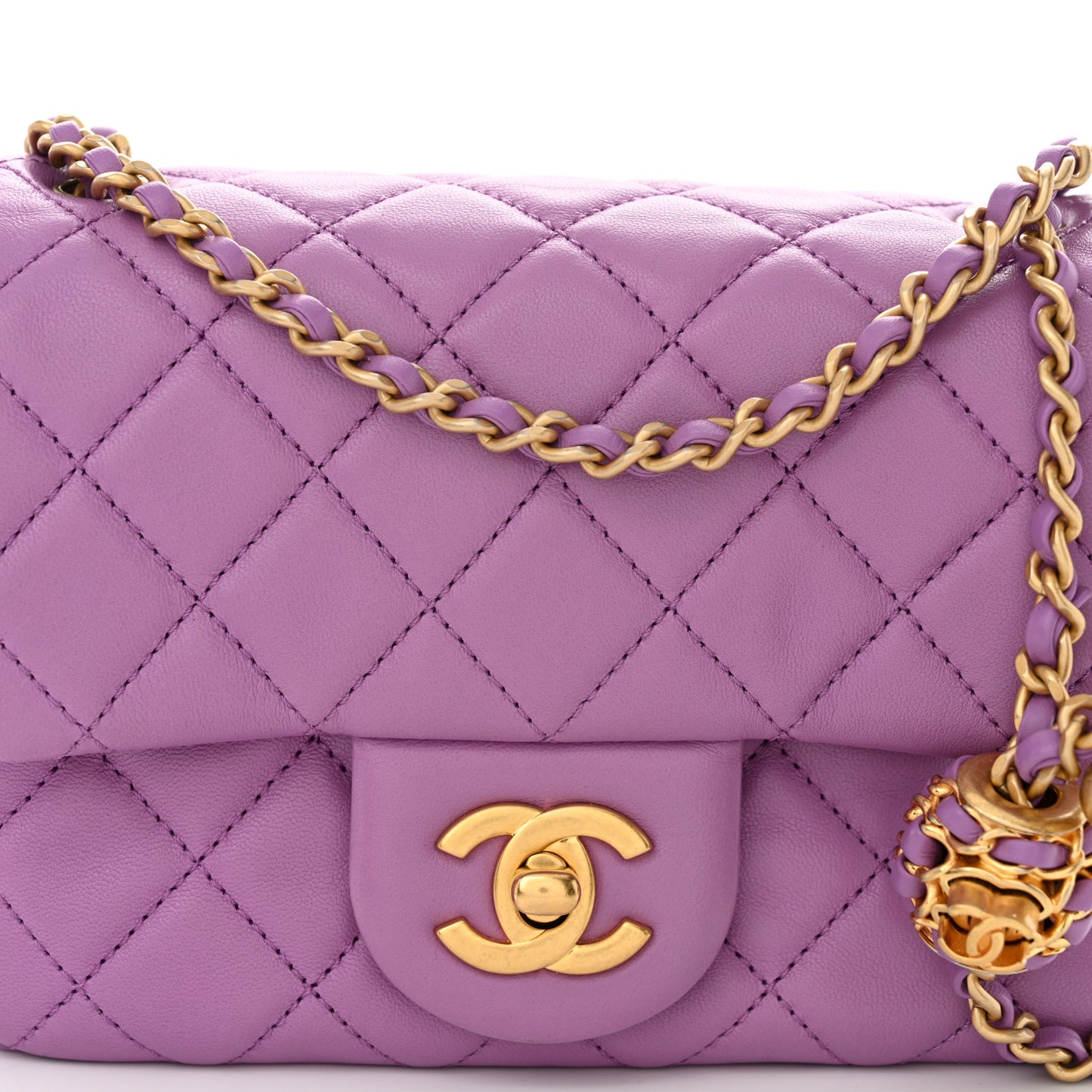 Lambskin Quilted Mini Pearl Crush Flap Purple
