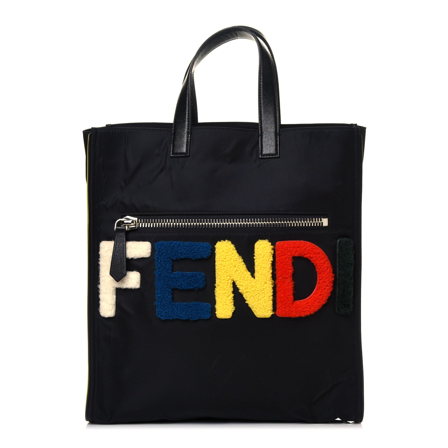 Fendi Nylon Shearling Block Letter Logo Tote Black Multicolor
