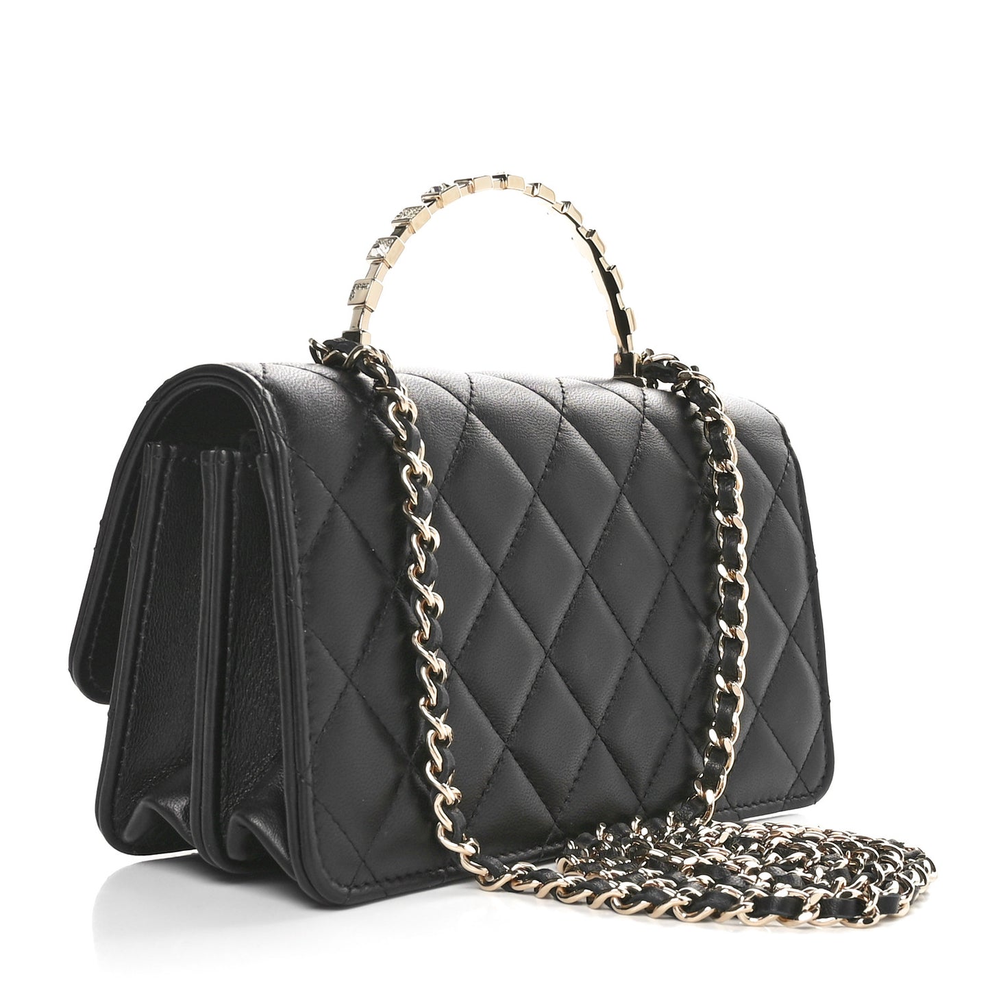 Lambskin Quilted Crystal Top Handle Clutch With Chain Black