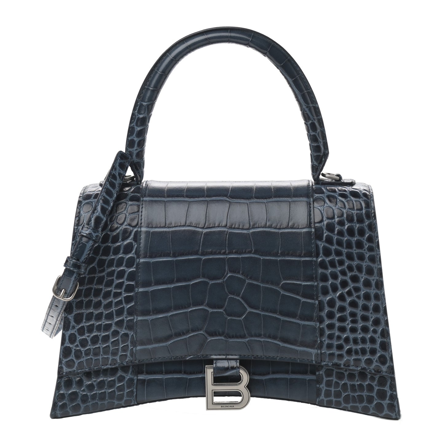Shiny Calfskin Crocodile Embossed Medium Hourglass Top Handle Bag Denim Blue