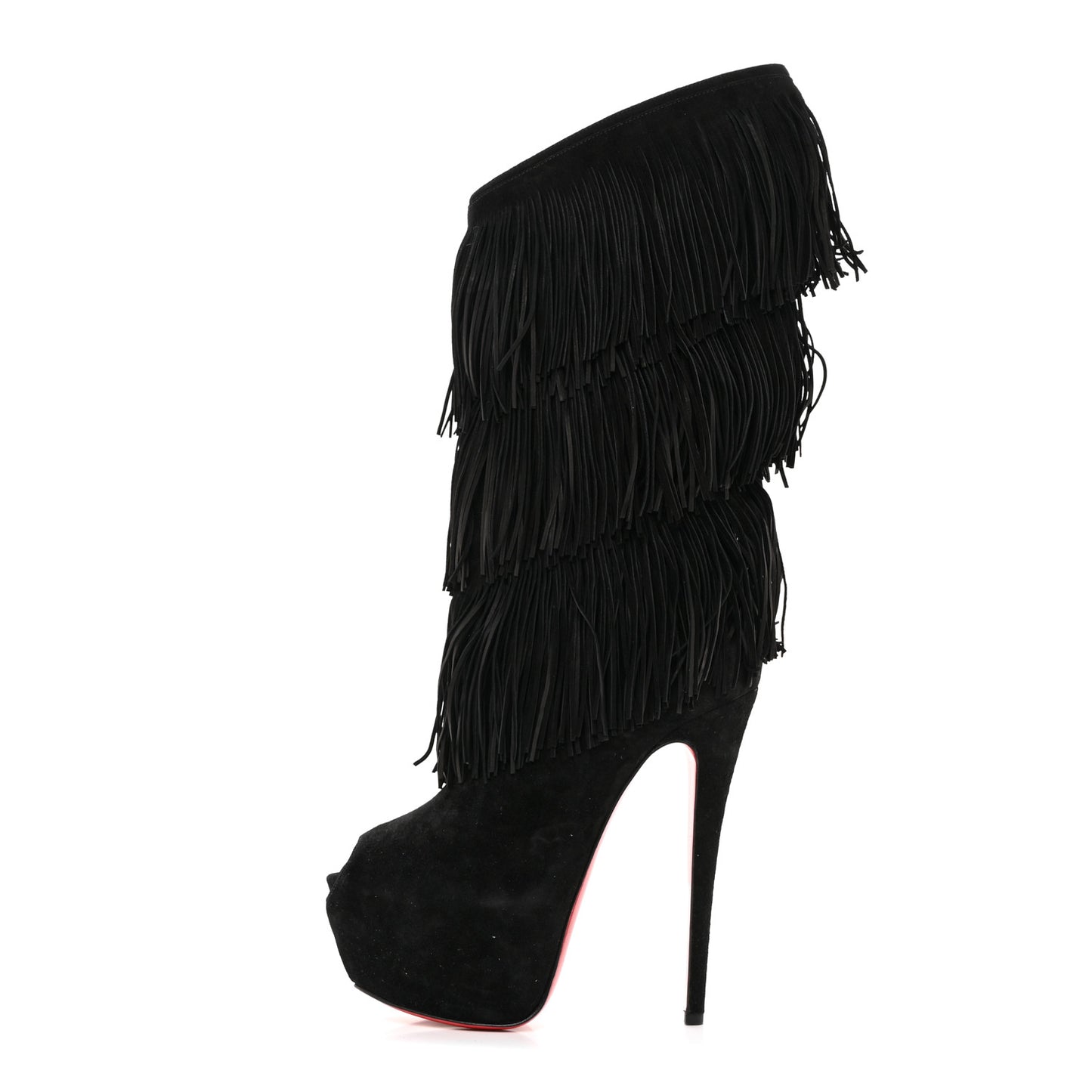 Suede Highness Tina Fringe Platform Peep Toe Boots 37.5 Black