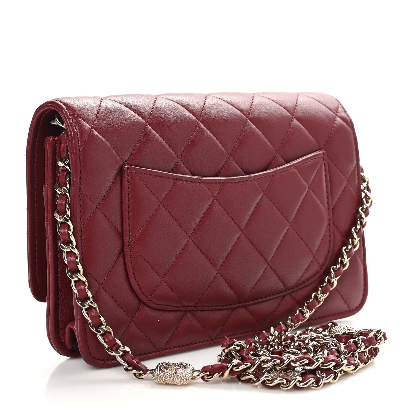 Lambskin Quilted Strass Studded CC Wallet on Chain WOC Burgundy