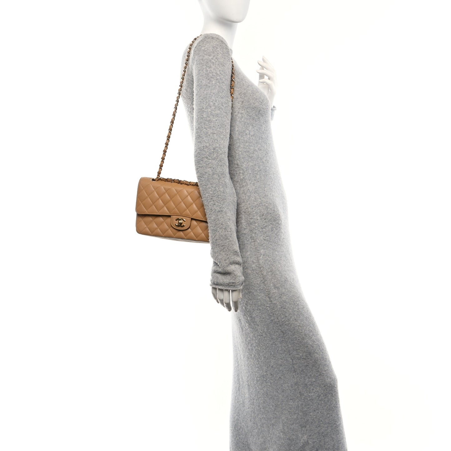 Caviar Quilted Medium Double Flap Beige