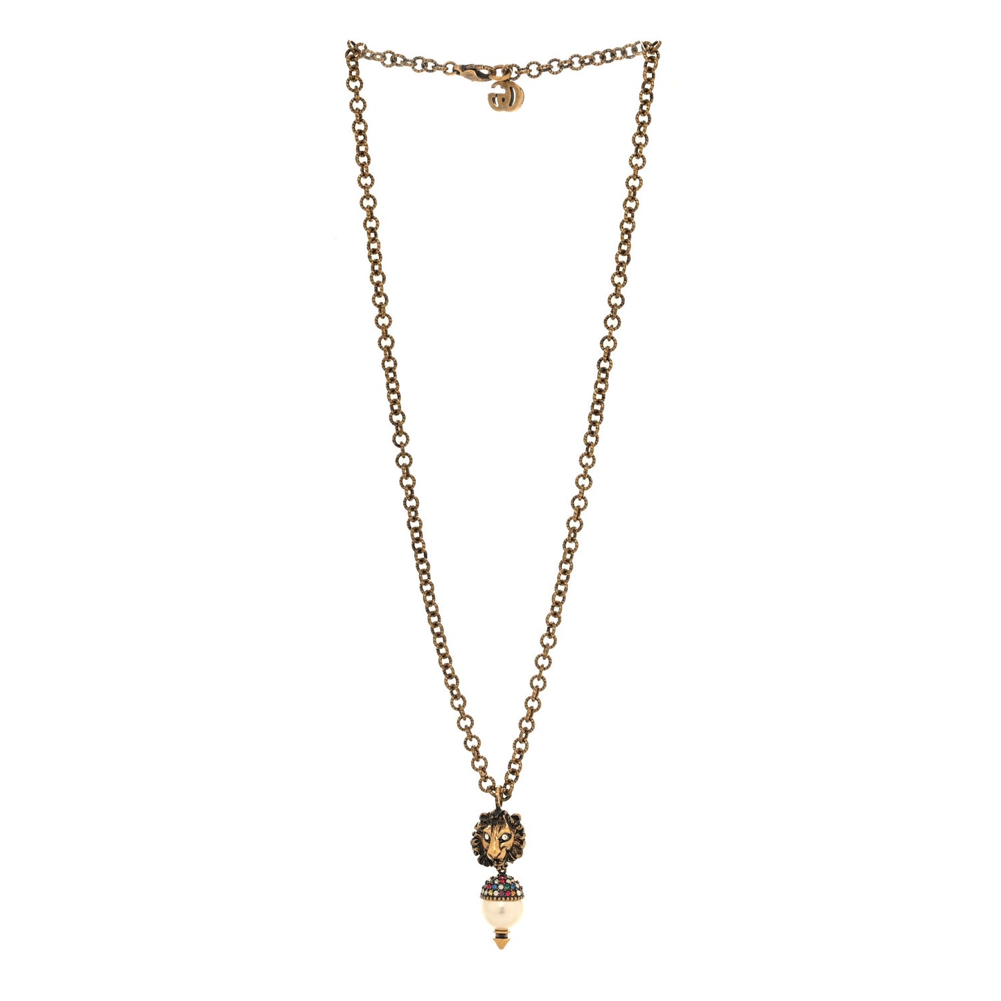 Metal Crystal Pearl Lion Head Necklace Aged Gold