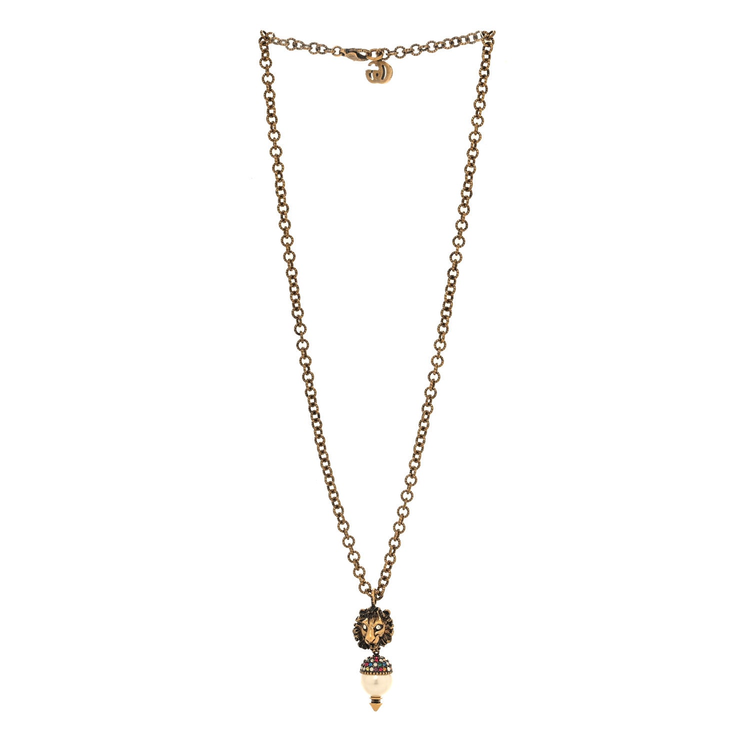 Gucci Metal Crystal Pearl Lion Head Necklace Aged Gold 3 of 4