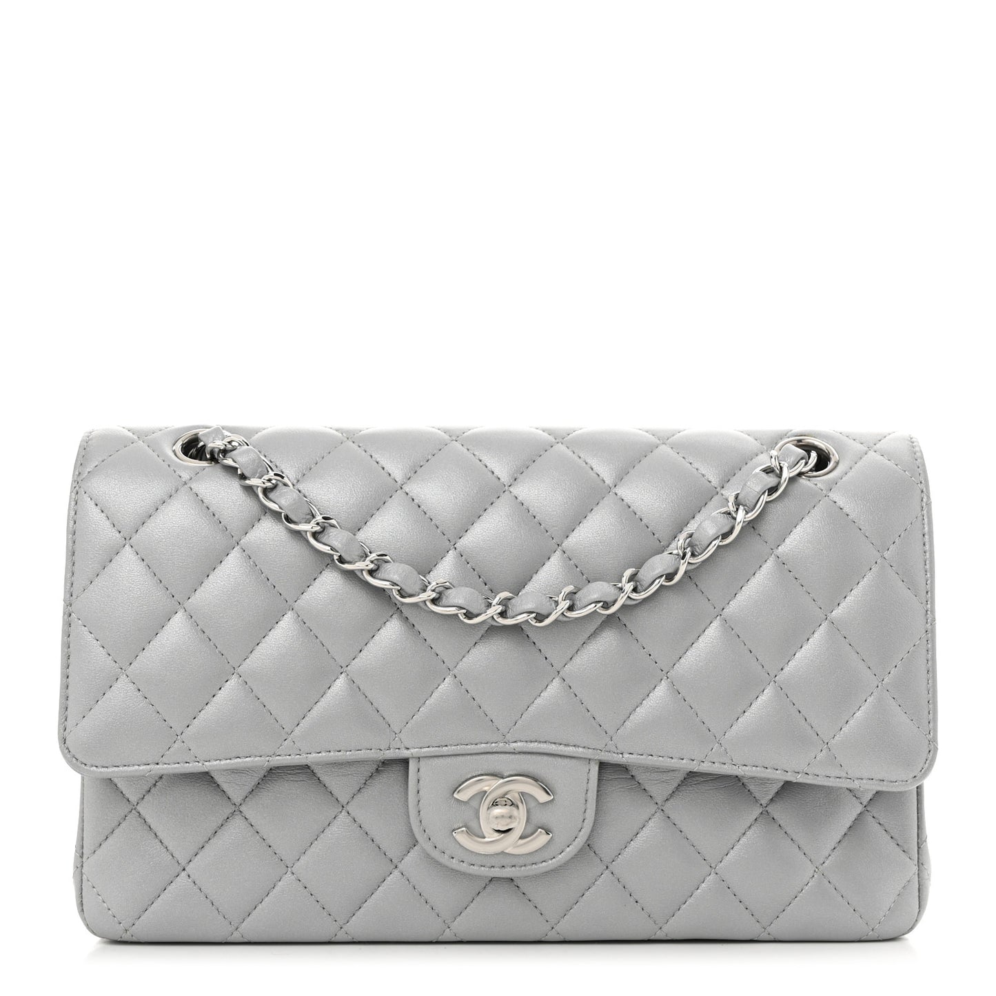 Iridescent Lambskin Quilted Medium Double Flap Grey