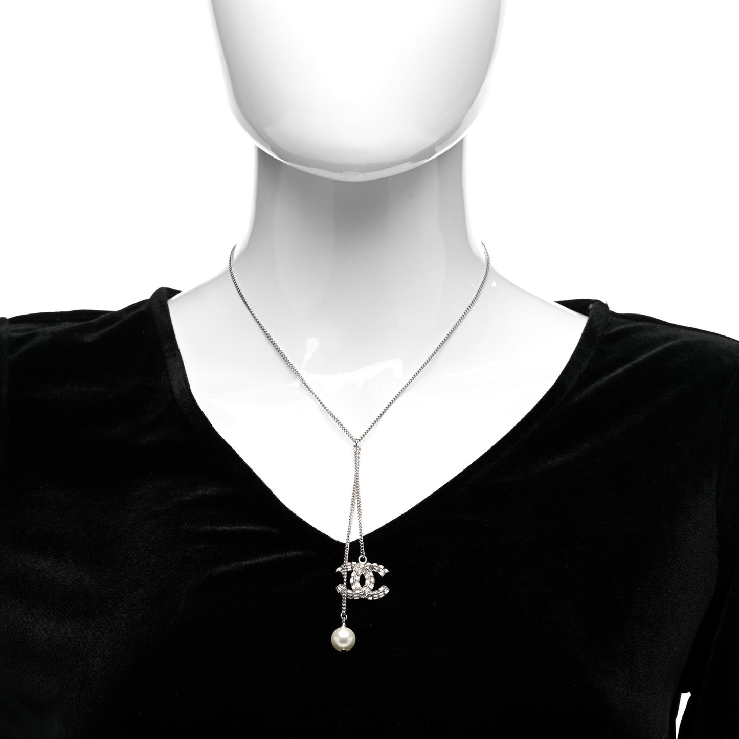 Baguette Crystal Pearl CC Lariat Necklace Silver