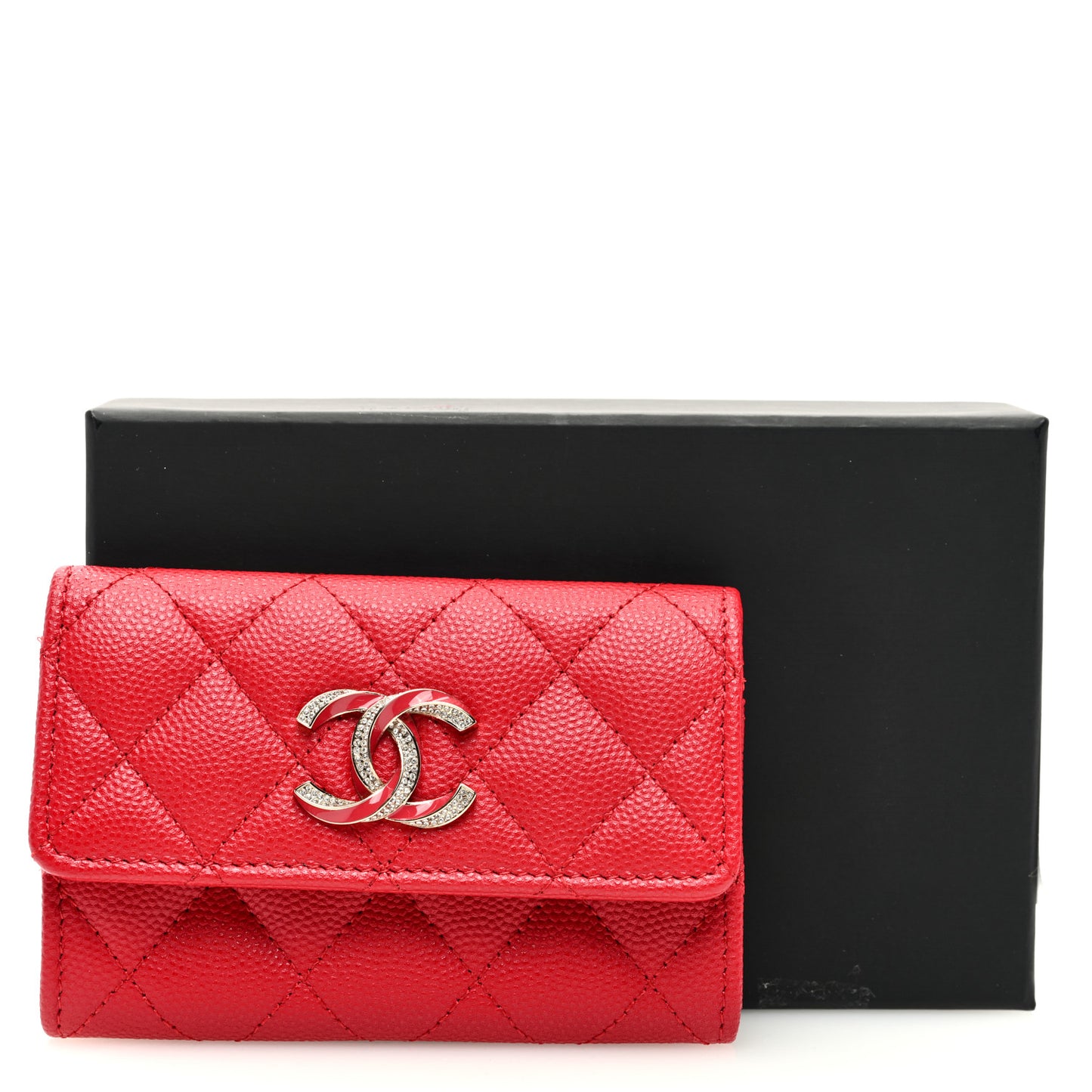 Caviar Quilted Crystal Enamel CC Card Holder Red