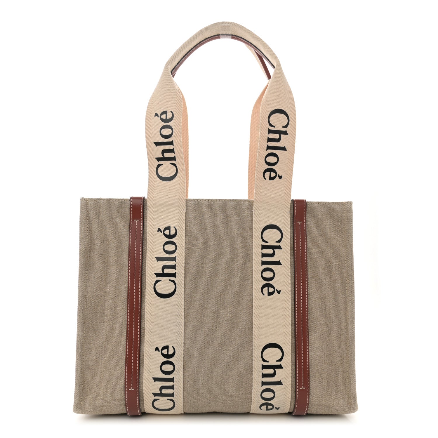 Chloe Linen Calfskin Medium Woody Ribbon Tote White Brown 1 of 10