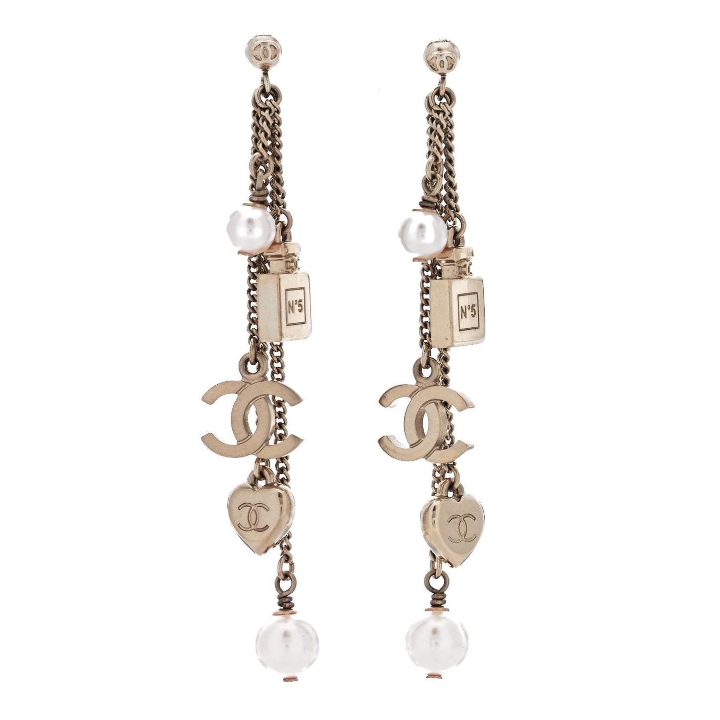 Pearl CC Charm Drop Earrings Gold