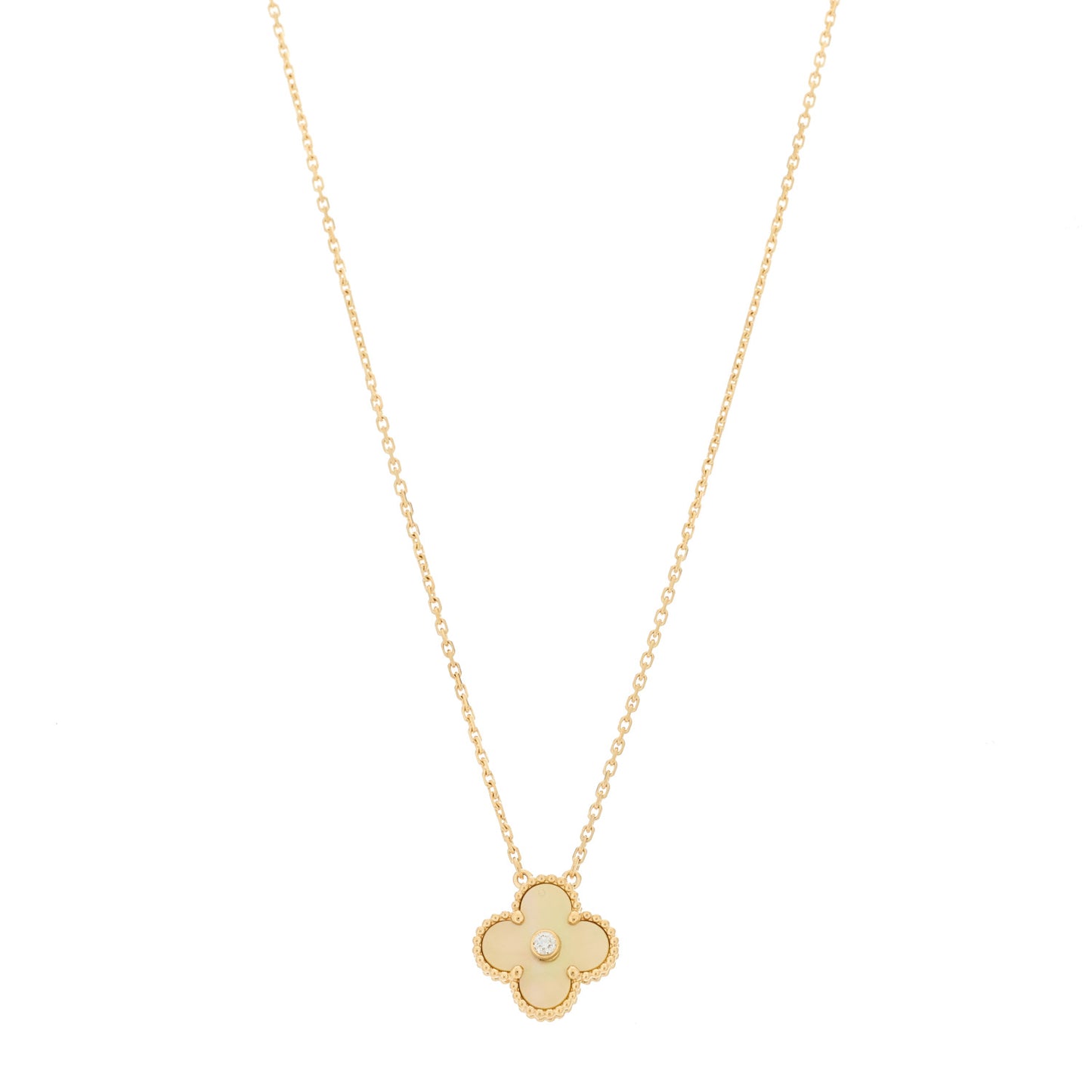 18K Yellow Gold Diamond Yellow Mother of Pearl Vintage Alhambra Pendant Necklace