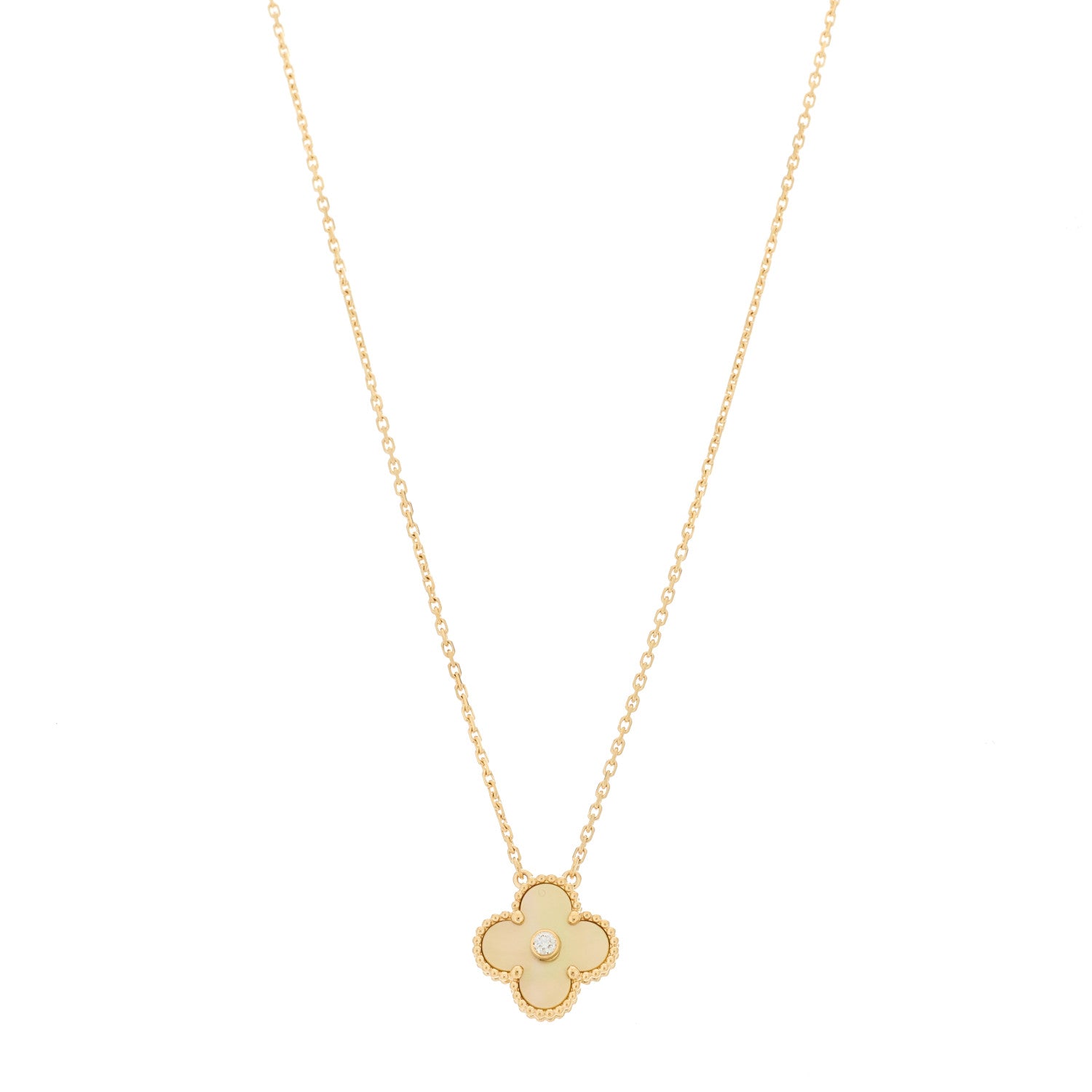 Van Cleef & Arpels 18K Yellow Gold Diamond Yellow Mother of Pearl Vintage Alhambra Pendant Necklace 1 of 5