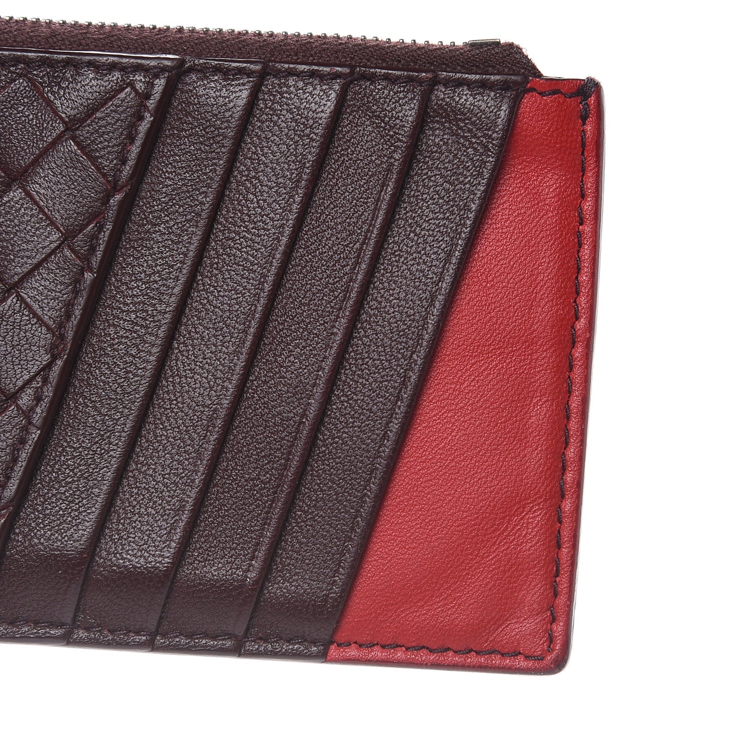 Nappa Intrecciato Zip Card Case Dark Barolo China Red
