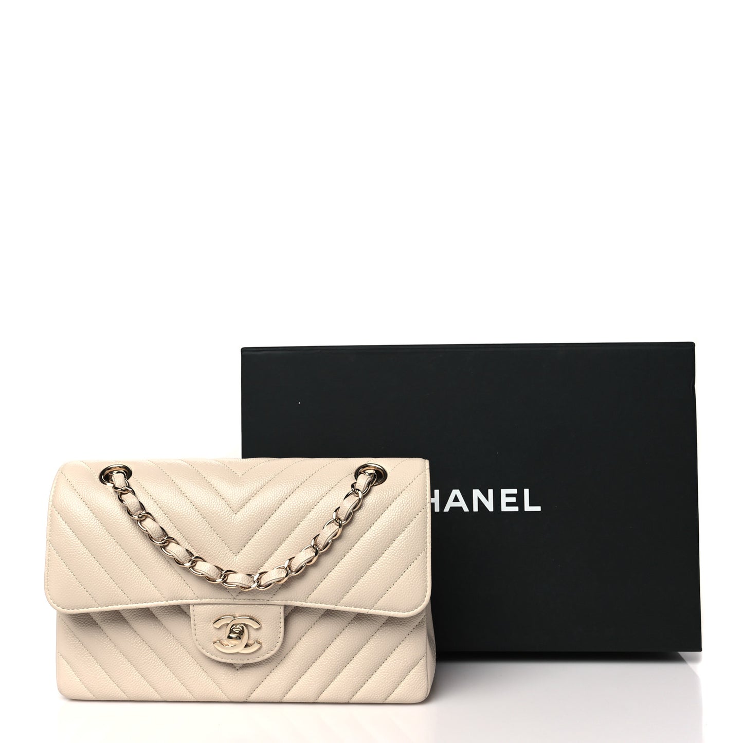 Caviar Chevron Quilted Small Double Flap Beige
