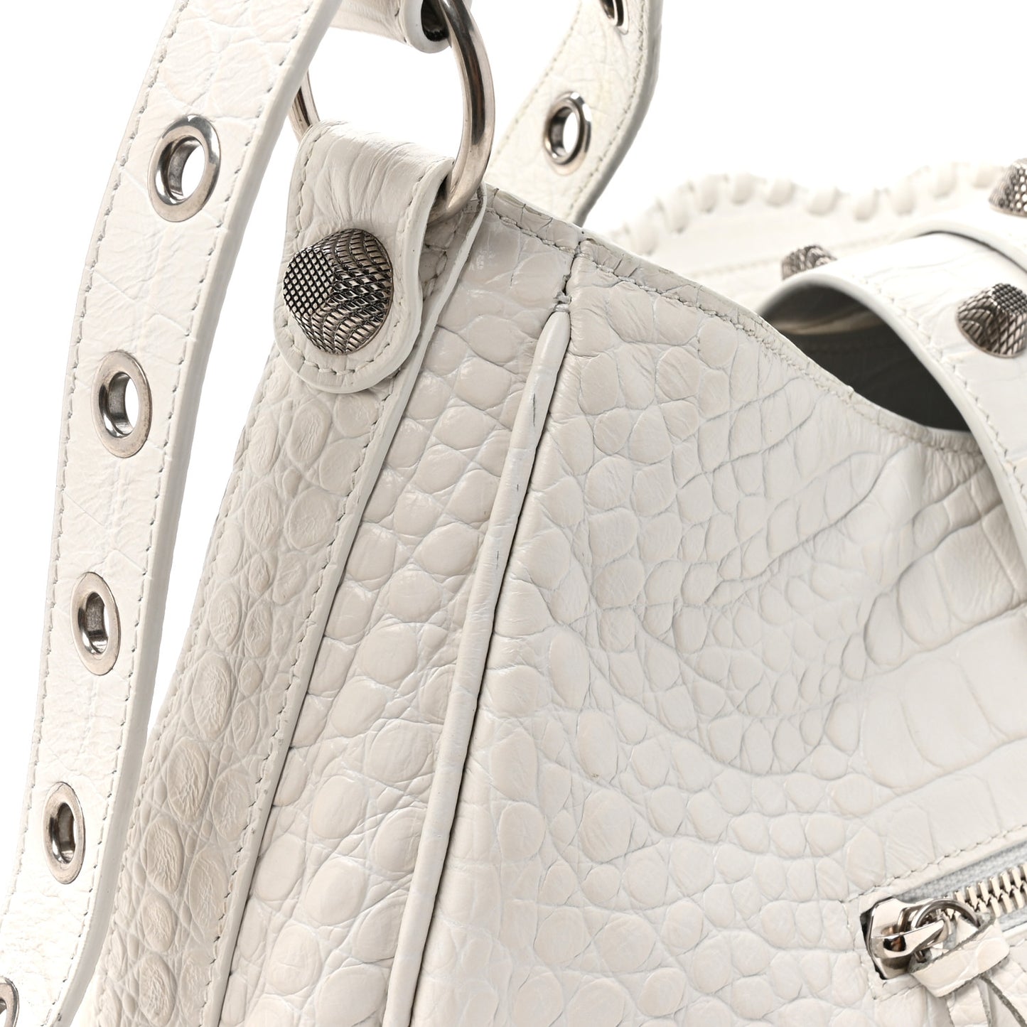 Extra Supple Calfskin Crocodile Embossed Large Le Cagole Shoulder Bag White