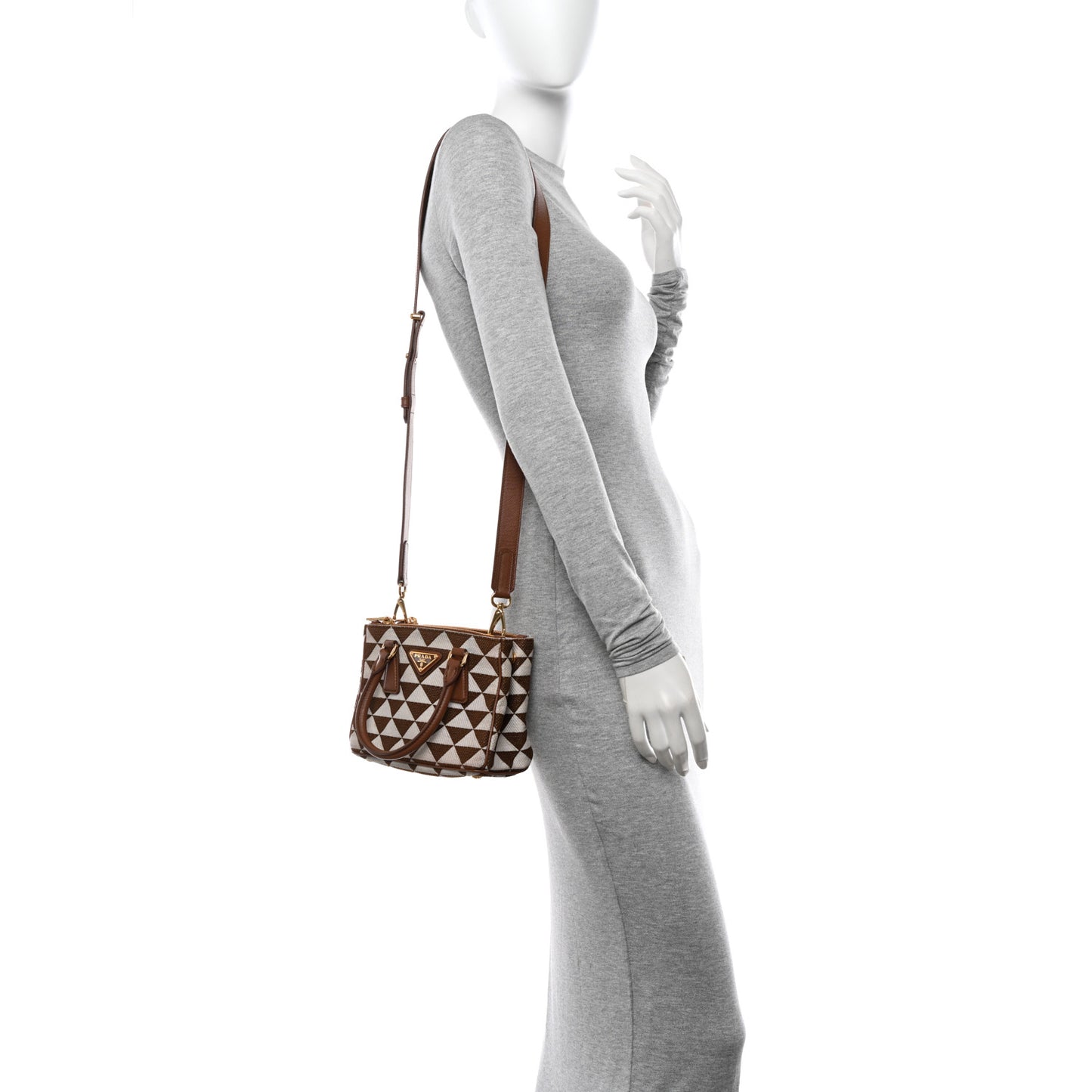 Jacquard Saffiano Triangolo Symbole Embroidered Mini Galleria Double Zip Tote Tabacco Talco