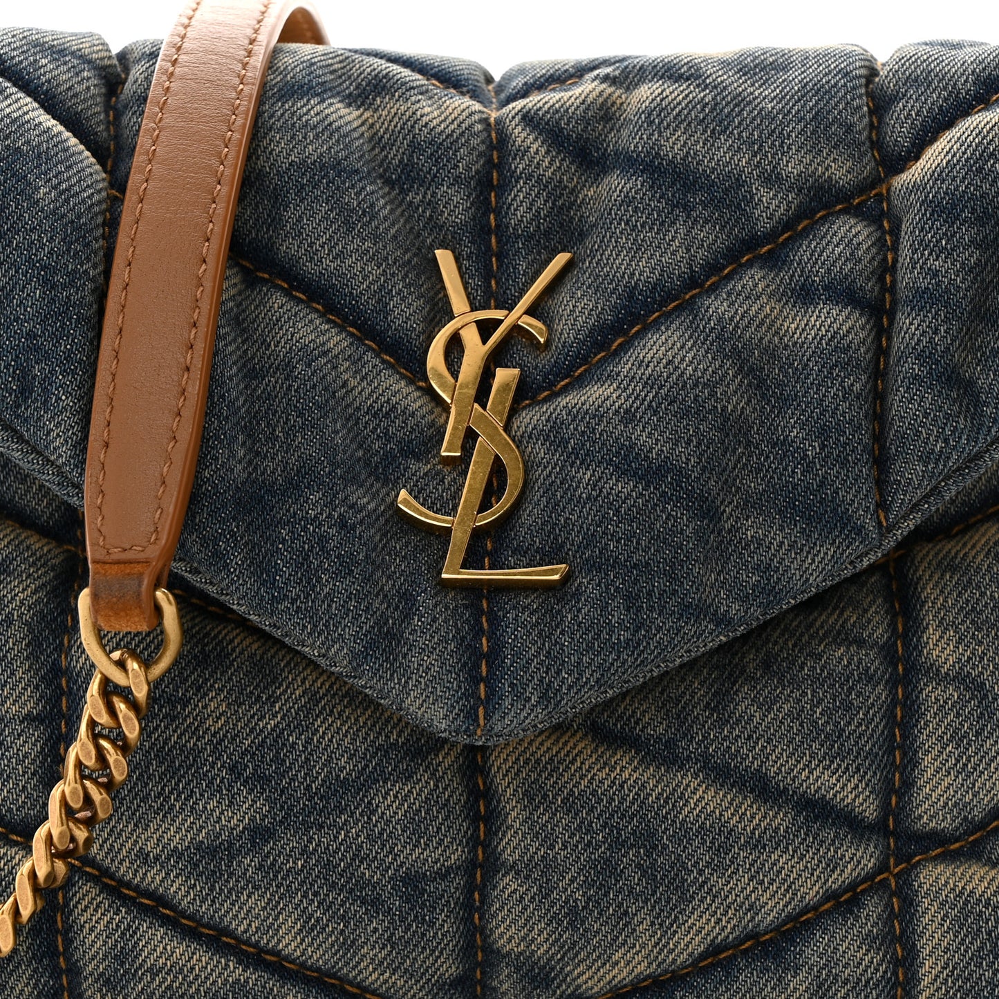 Denim Quilted Toy Loulou Puffer Monogram Chain Satchel Blue Cinnamon