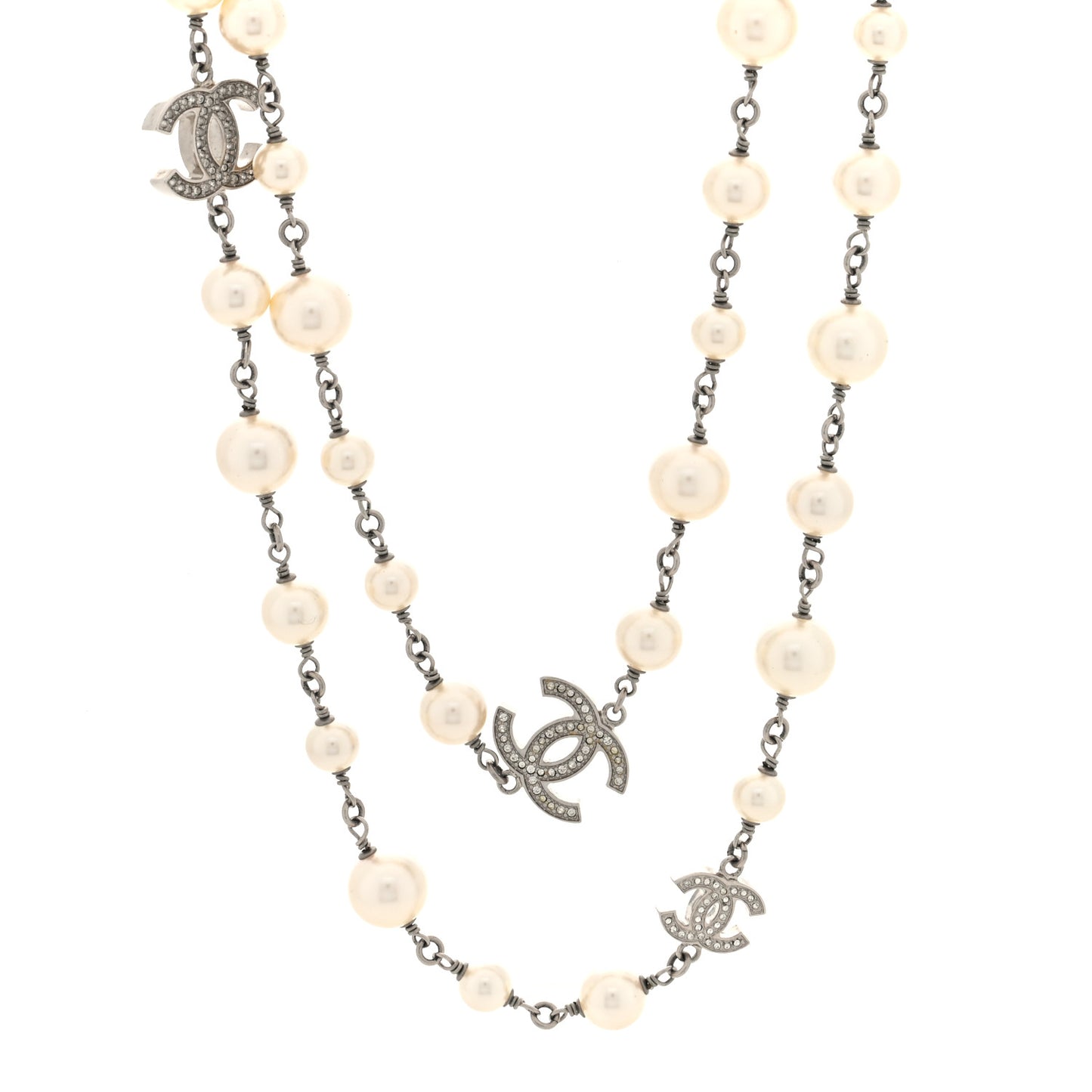 Crystal Pearl CC Long Necklace Silver