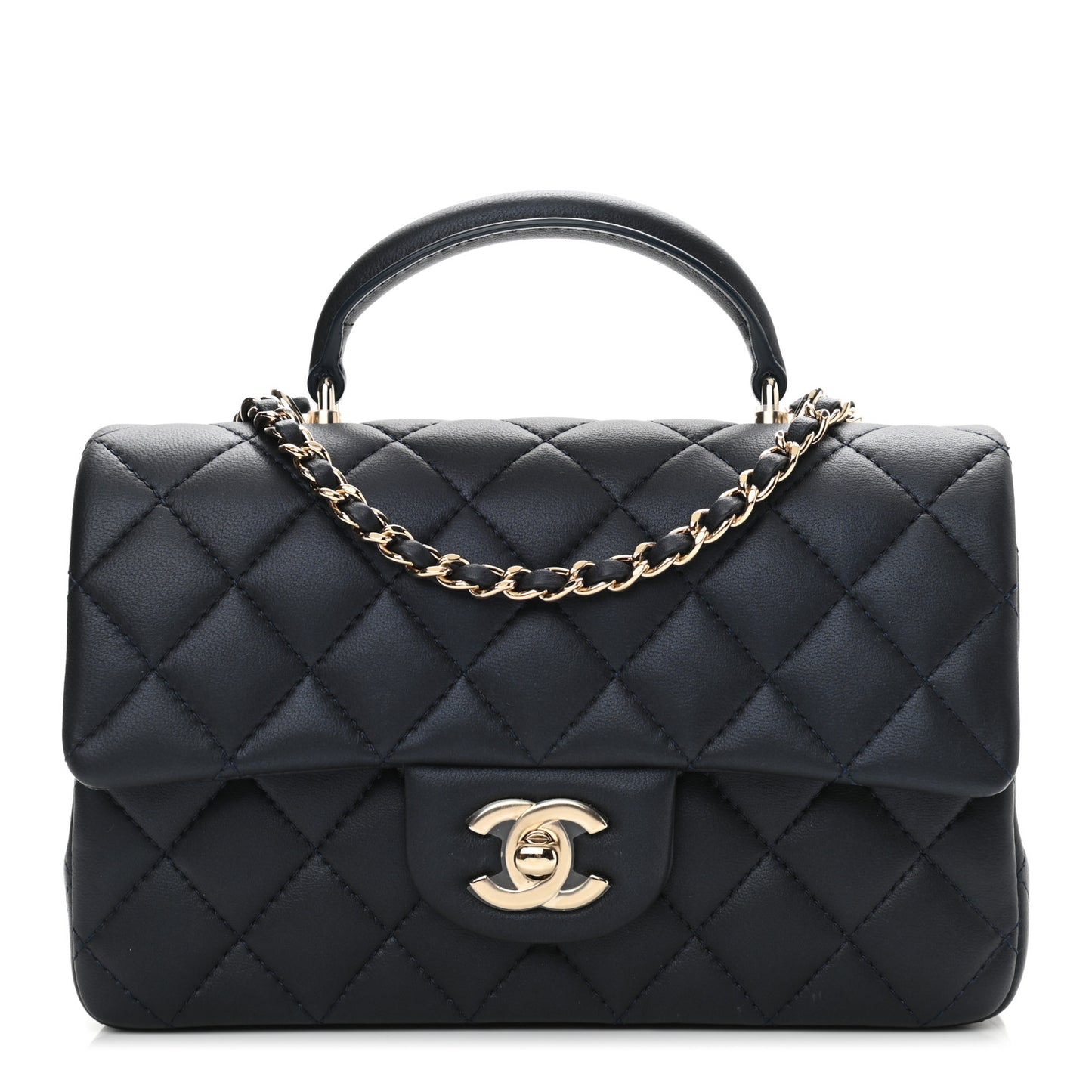 Lambskin Quilted Mini Top Handle Rectangular Flap Navy Blue